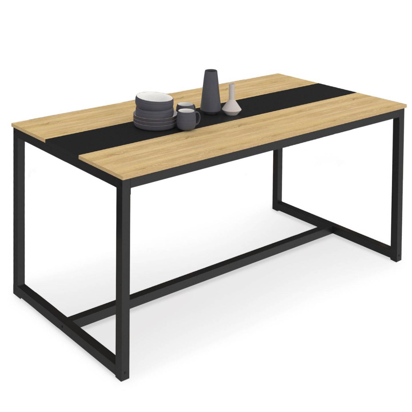 Table à manger rectangle DOVER 8 personnes bande centrale noire design industriel 180 cm - Image 2