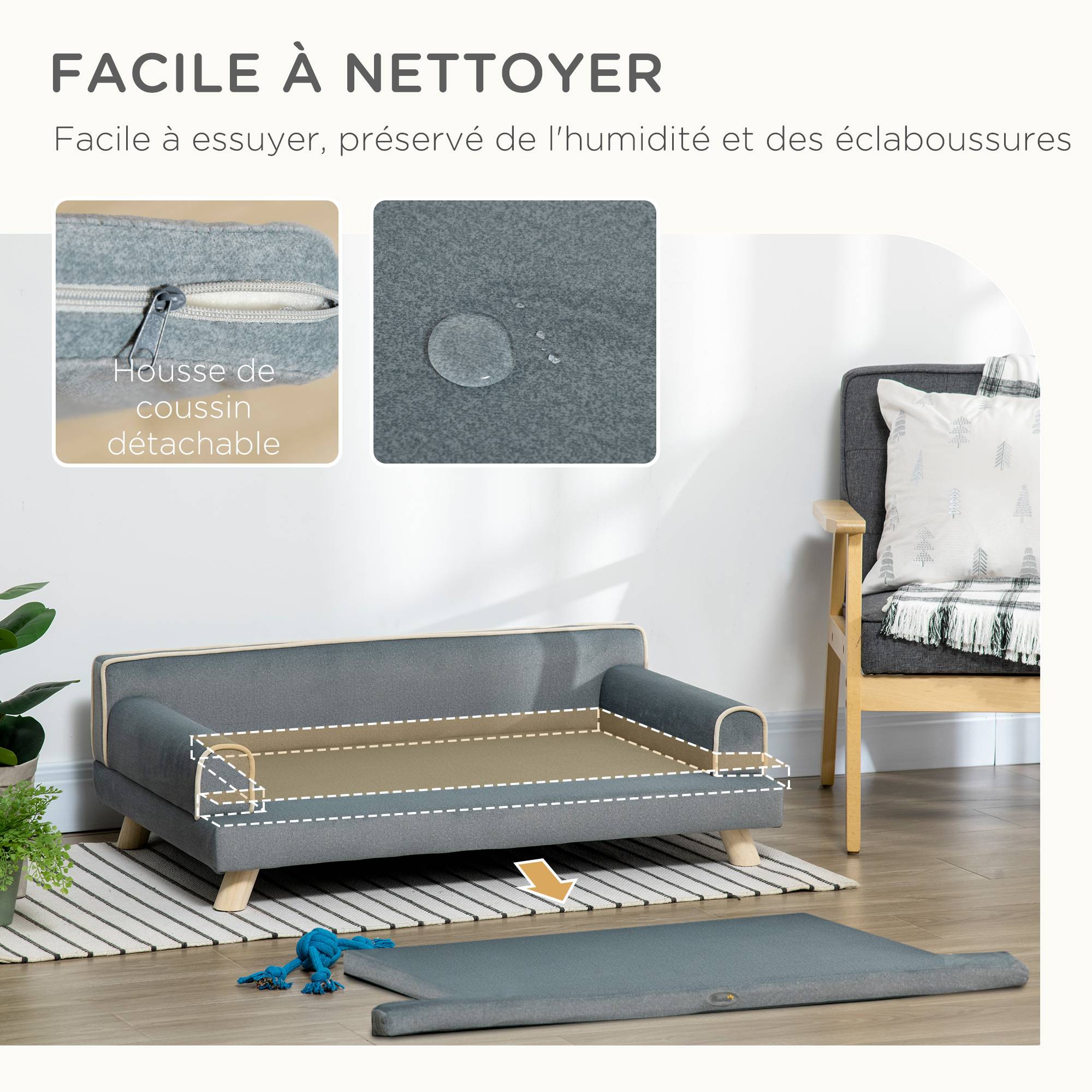 Sans Marque - Canapé pour chien chat design scandinave coussin moelleux amovible pieds bois massif 100 x 62 x 32 cm gris - Image 7
