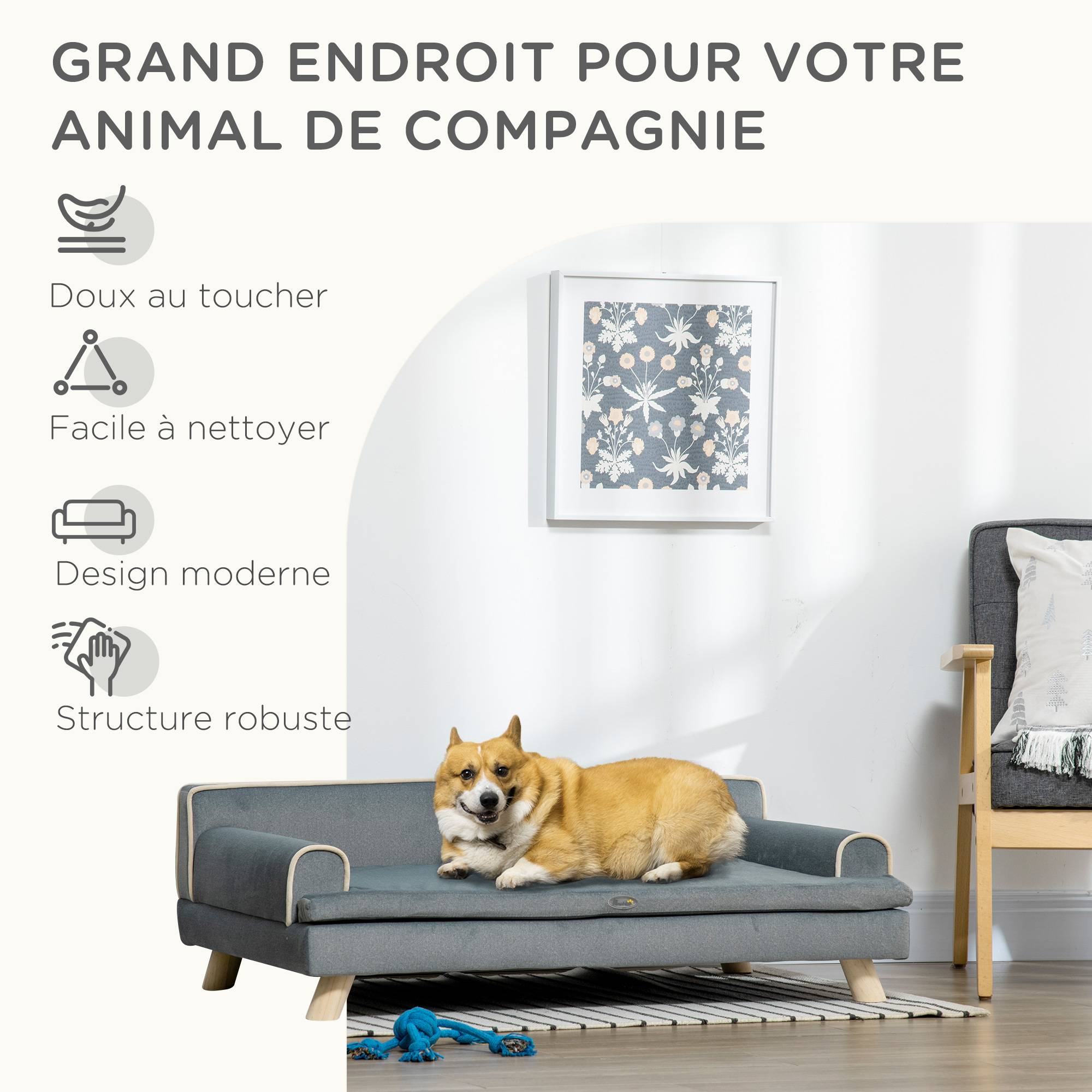 Sans Marque - Canapé pour chien chat design scandinave coussin moelleux amovible pieds bois massif 100 x 62 x 32 cm gris - Image 9