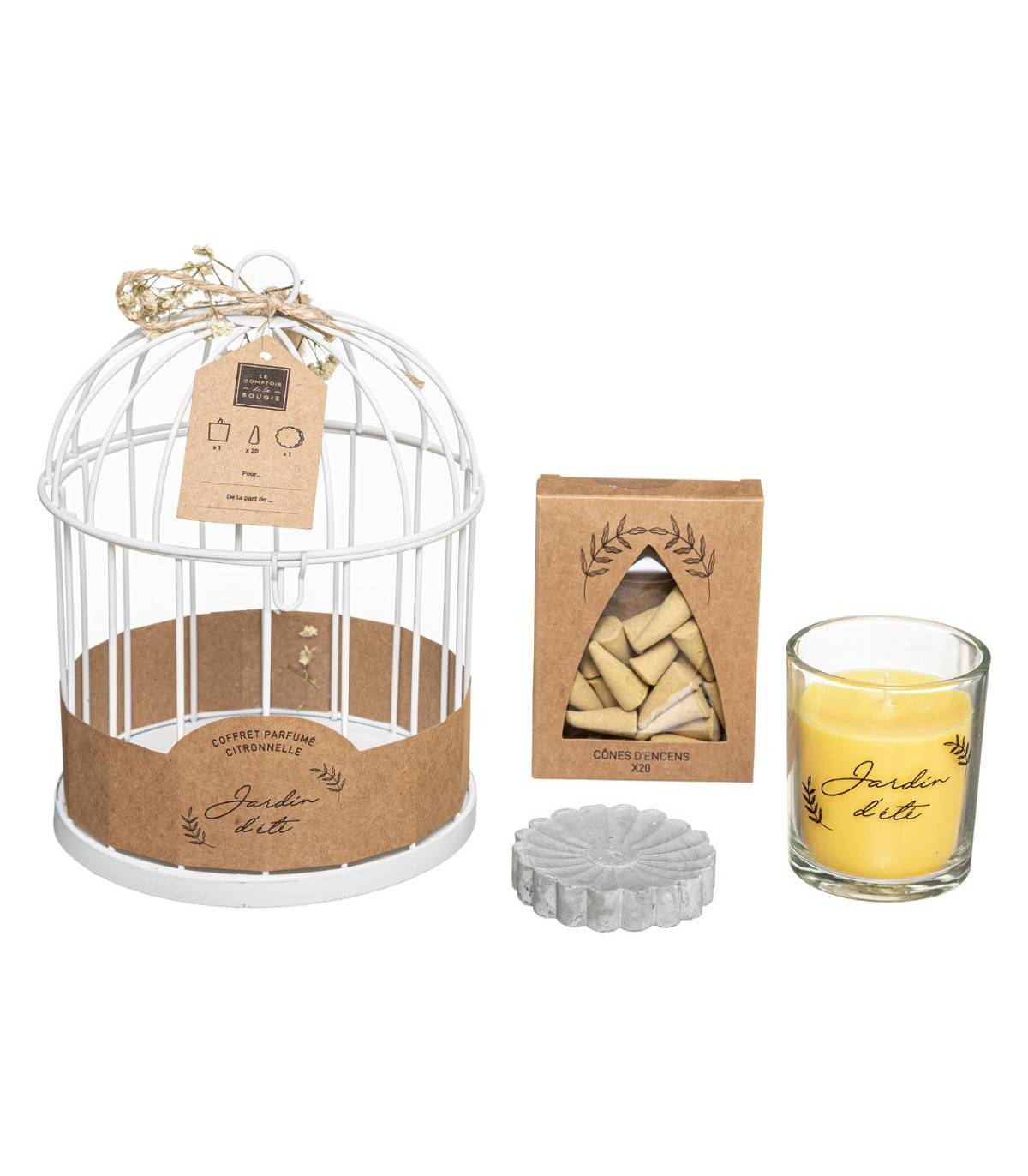 Coffret Citronnelle Cage en métal Bougie parfumée citronnelle et 20 Cônes d'encens avec support - Image 1