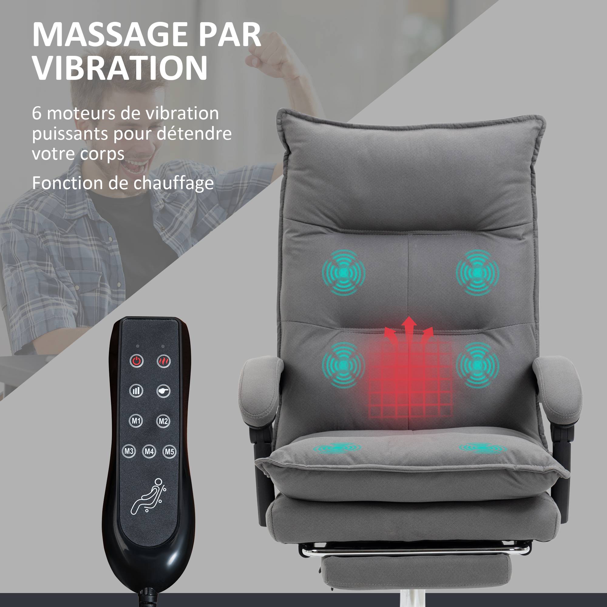 Sans Marque - Fauteuil de bureau massant et chauffant, chaise de bureau, hauteur réglable, dossier inclinable, 66x74x121,5cm gris - Image 6