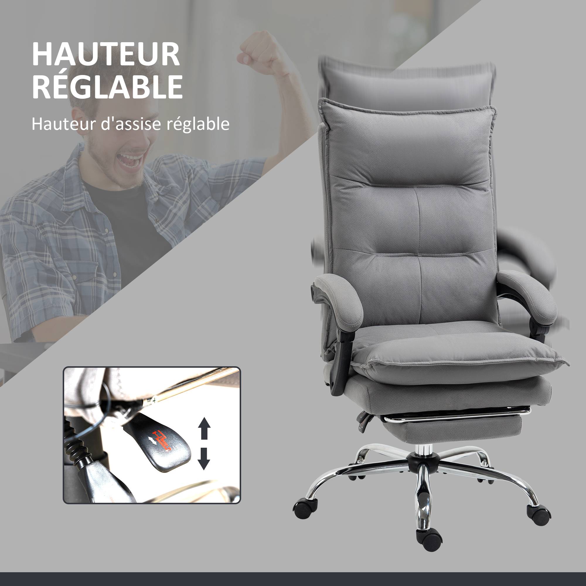 Sans Marque - Fauteuil de bureau massant et chauffant, chaise de bureau, hauteur réglable, dossier inclinable, 66x74x121,5cm gris - Image 8
