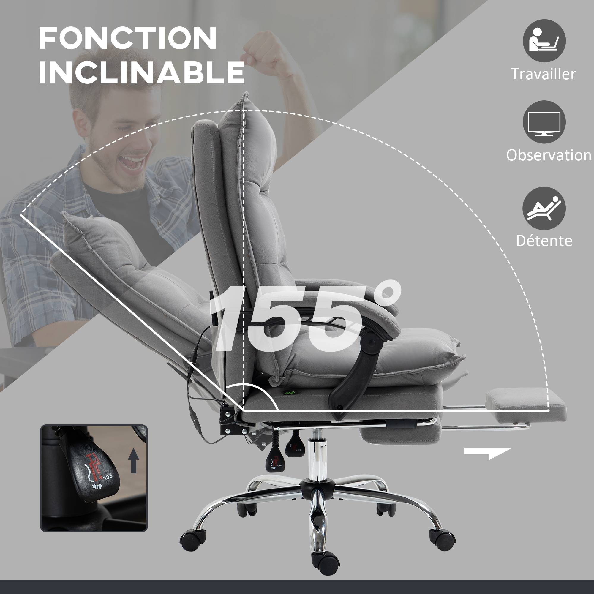 Sans Marque - Fauteuil de bureau massant et chauffant, chaise de bureau, hauteur réglable, dossier inclinable, 66x74x121,5cm gris - Image 9