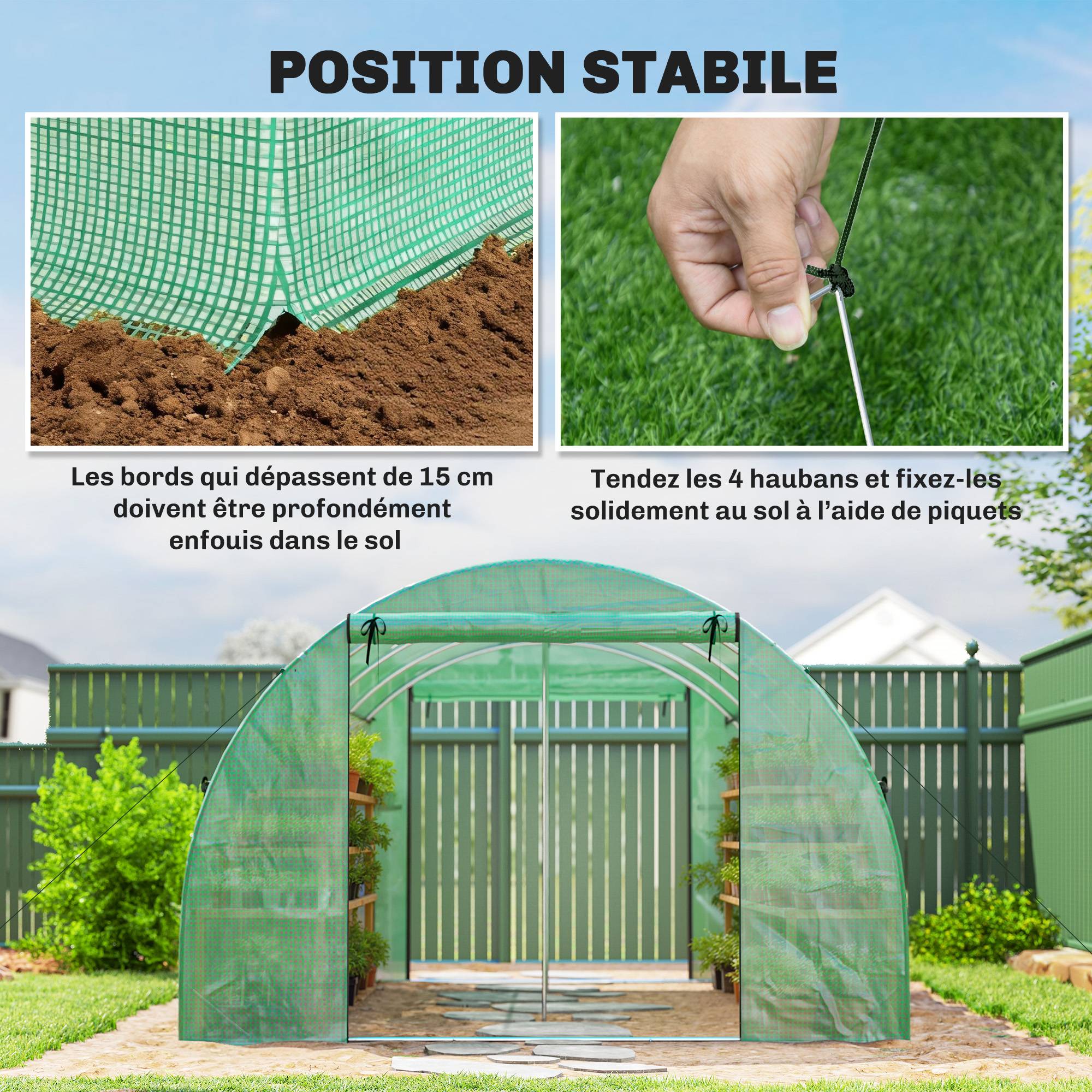 Sans Marque - Serre tunnel de jardin 12m², serre de jardin tunnel 295x400x200cm 2 portes et 8 fenêtres bâche PE 140 g/m² vert - Image 10