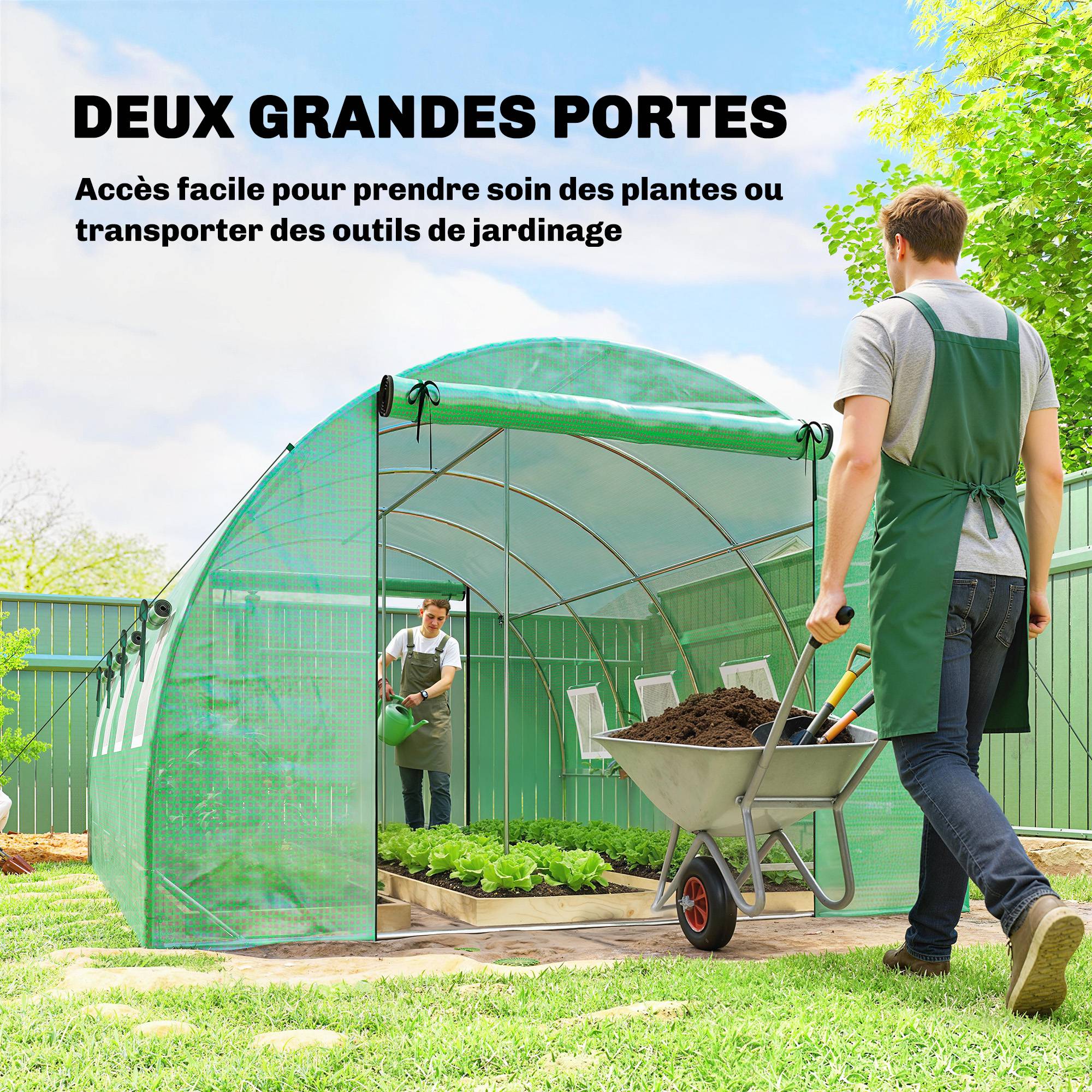 Sans Marque - Serre tunnel de jardin 12m², serre de jardin tunnel 295x400x200cm 2 portes et 8 fenêtres bâche PE 140 g/m² vert - Image 8