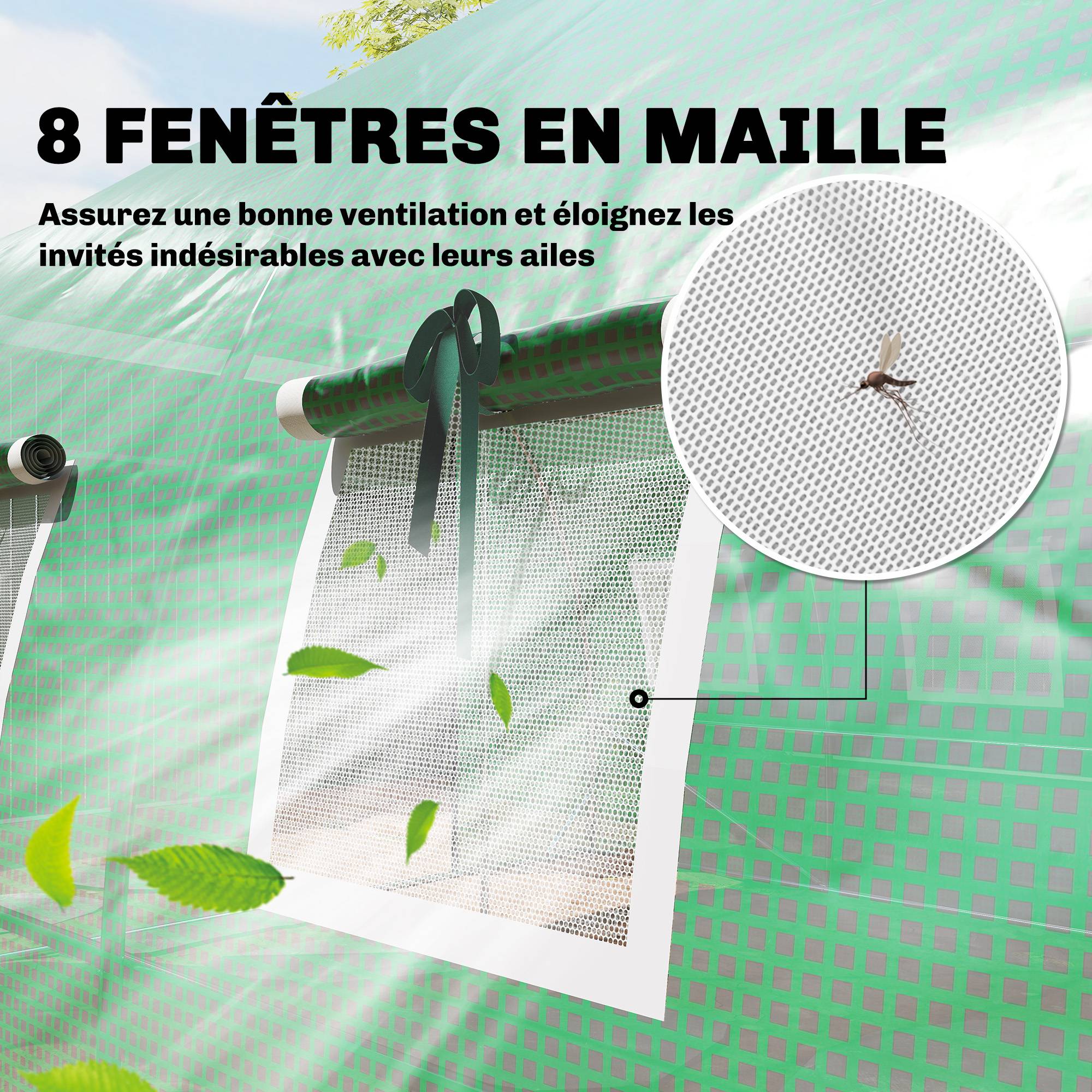 Sans Marque - Serre tunnel de jardin 12m², serre de jardin tunnel 295x400x200cm 2 portes et 8 fenêtres bâche PE 140 g/m² vert - Image 9