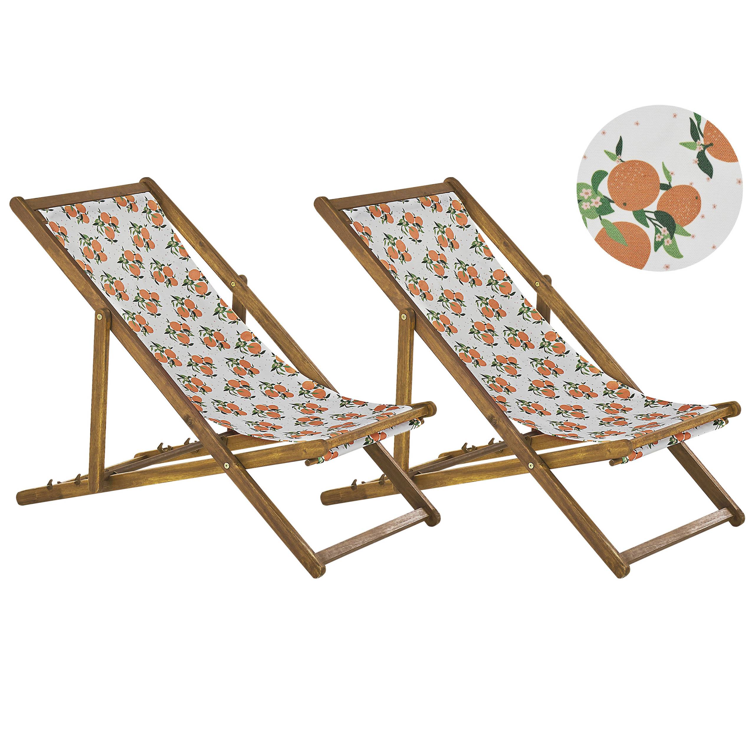 Beliani - 2 Transats Chiliennes Pliantes et Réglables en Bois d'Acacia Clair et Textile Motif Oranges avec Toiles de Remplacement
