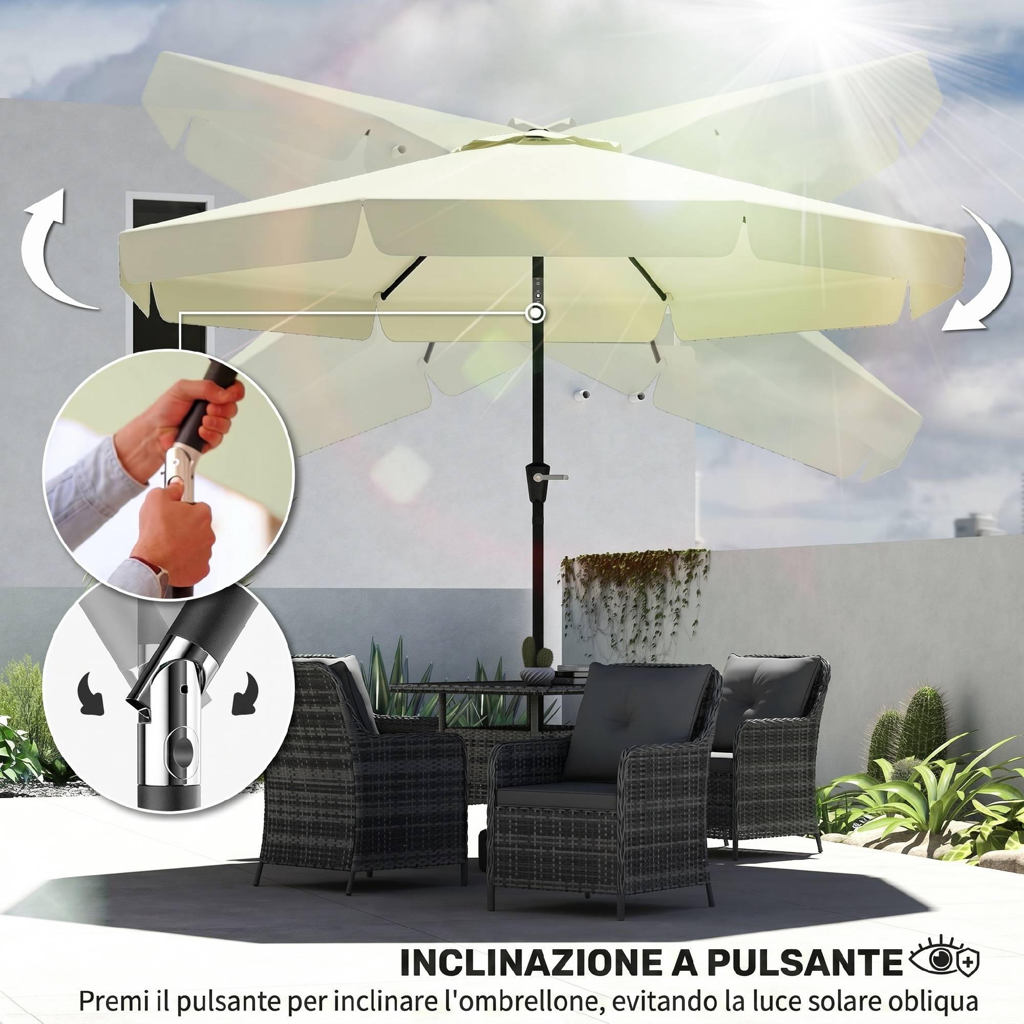 Parasol de jardin et terrasse rond Ø2,7 x 2,5 m avec tête inclinable et protection UV 50+, beige - Image 7
