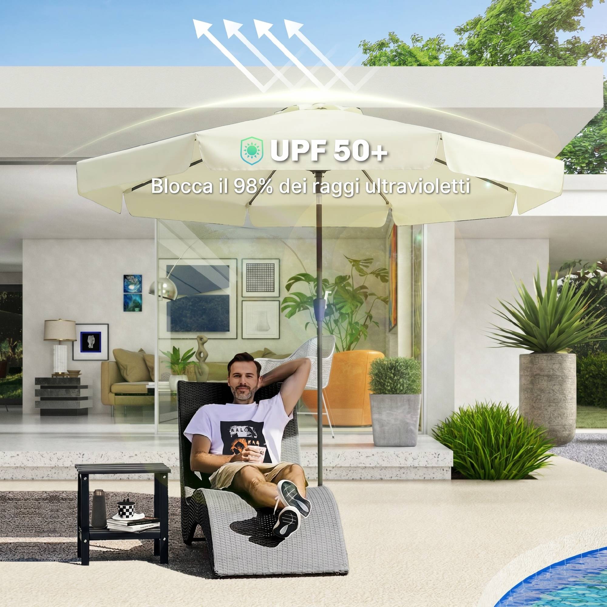 Parasol de jardin et terrasse rond Ø2,7 x 2,5 m avec tête inclinable et protection UV 50+, beige - Image 6