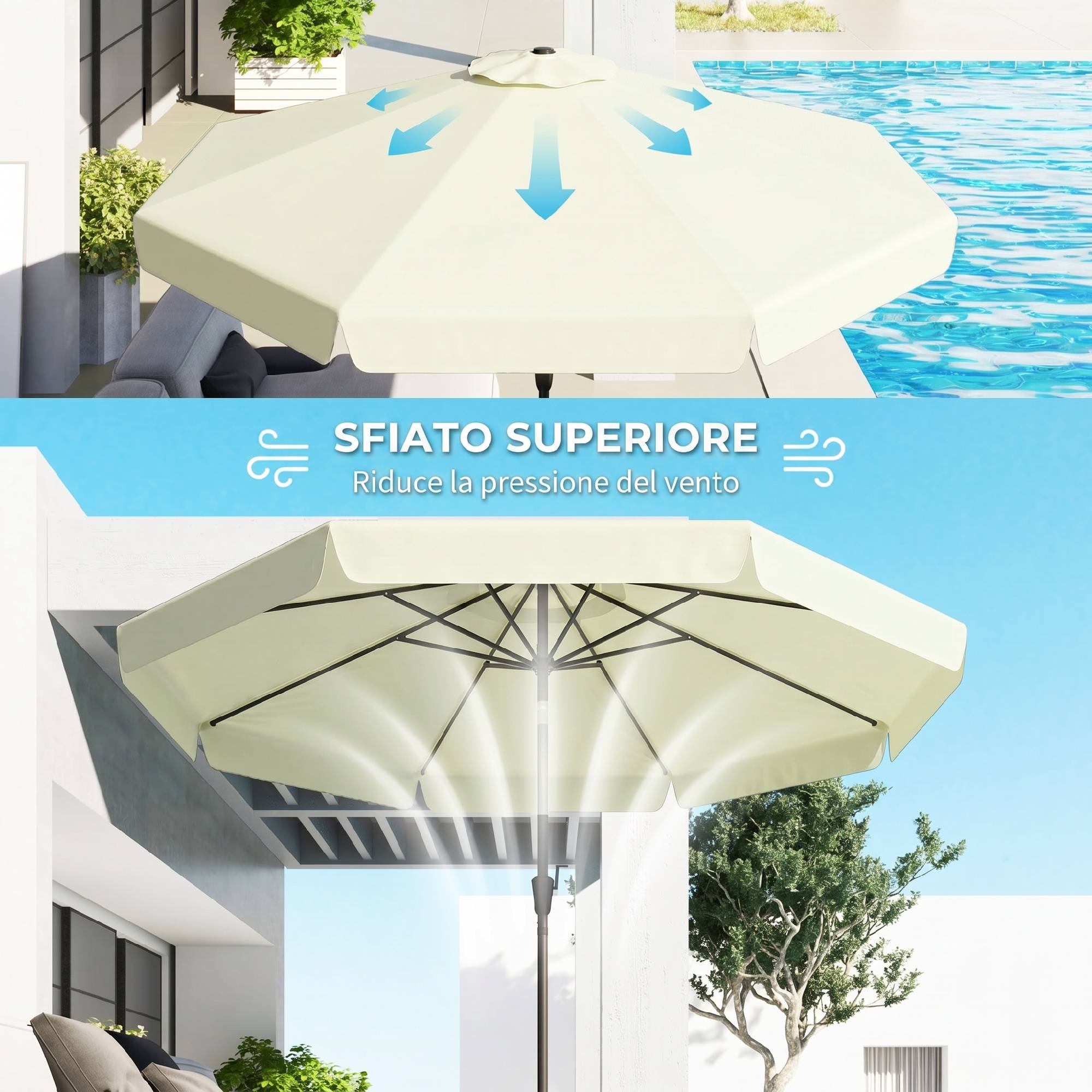 Parasol de jardin et terrasse rond Ø2,7 x 2,5 m avec tête inclinable et protection UV 50+, beige - Image 8