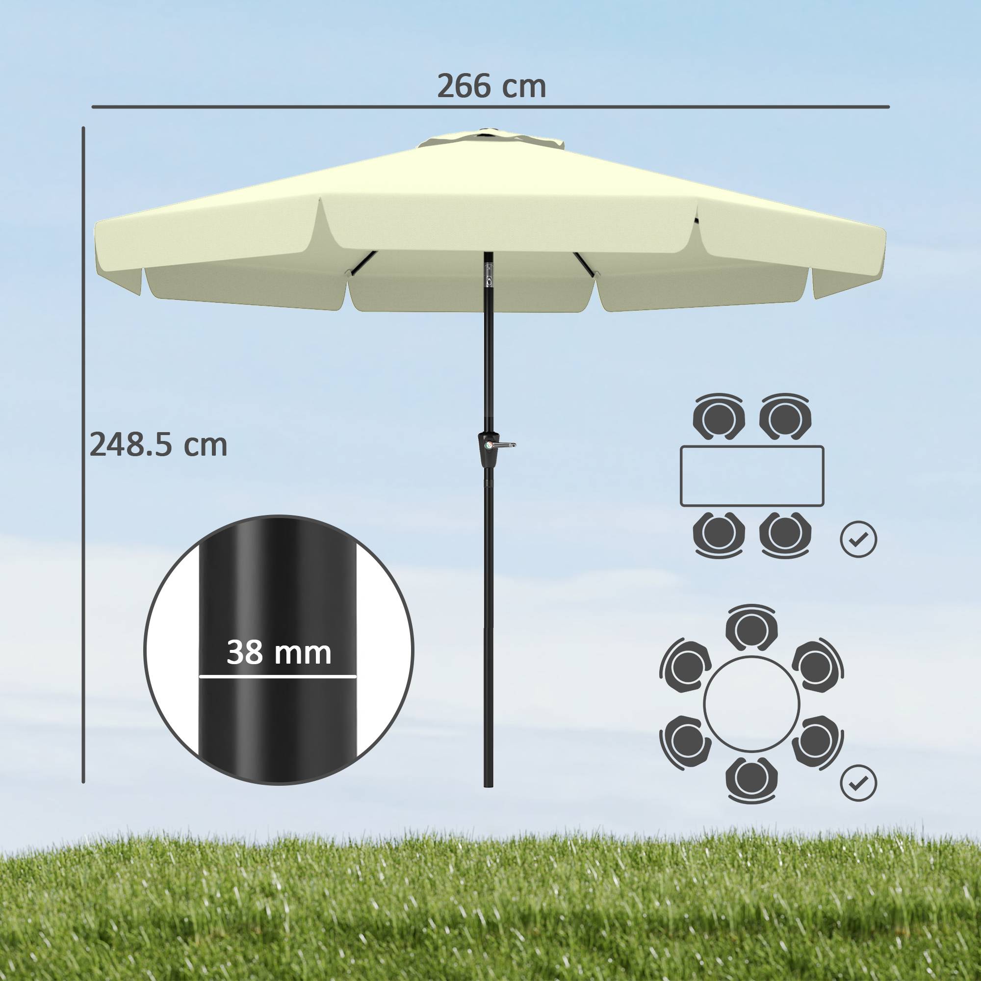 Parasol de jardin et terrasse rond Ø2,7 x 2,5 m avec tête inclinable et protection UV 50+, beige - Image 5
