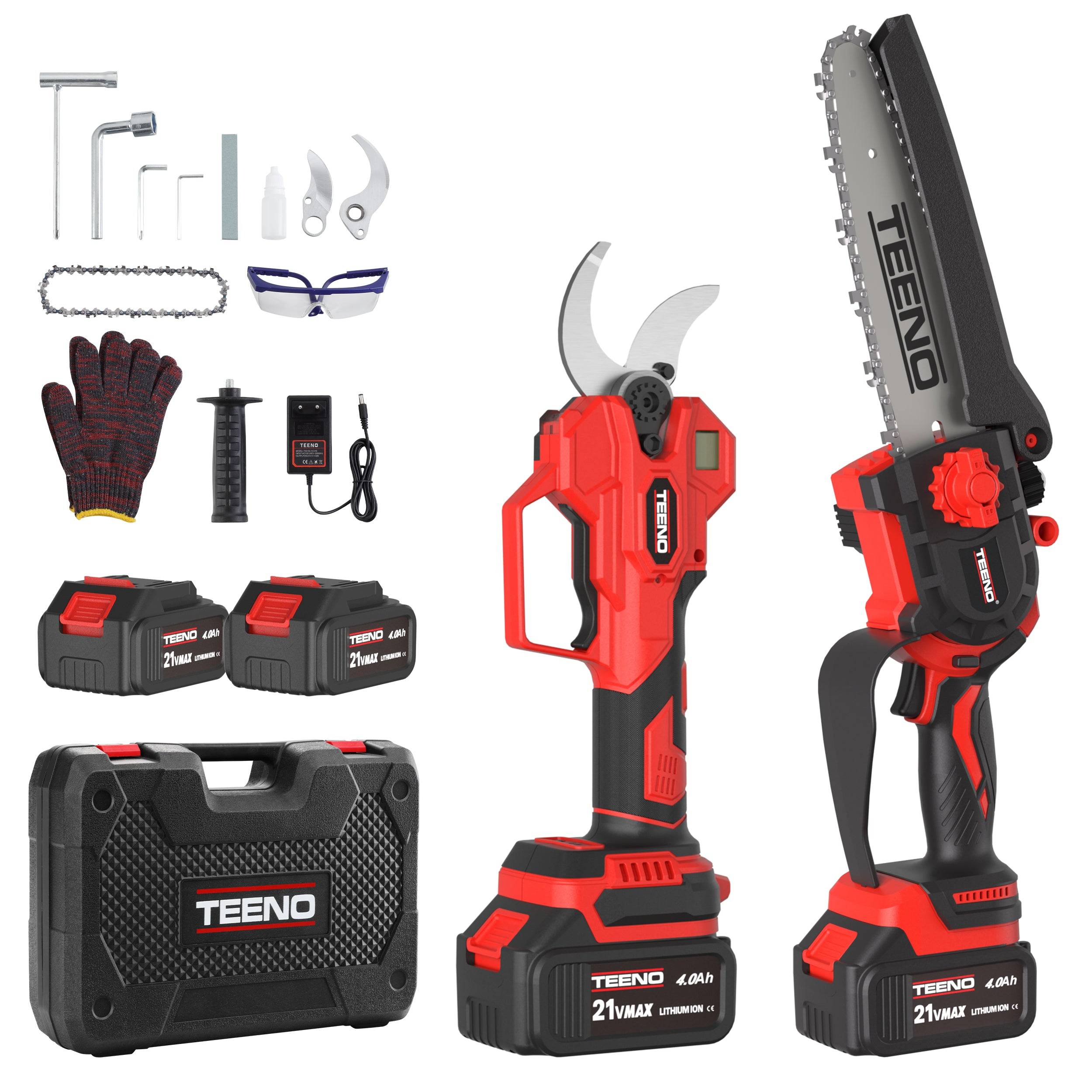 Teeno - Ensemble d'outils de jardinage 2 en 1 : mini-scie sans fil de 6 pouces + sécateur électrique sans fil de 40 mm, comprend 2 batteries de 4,0 Ah
