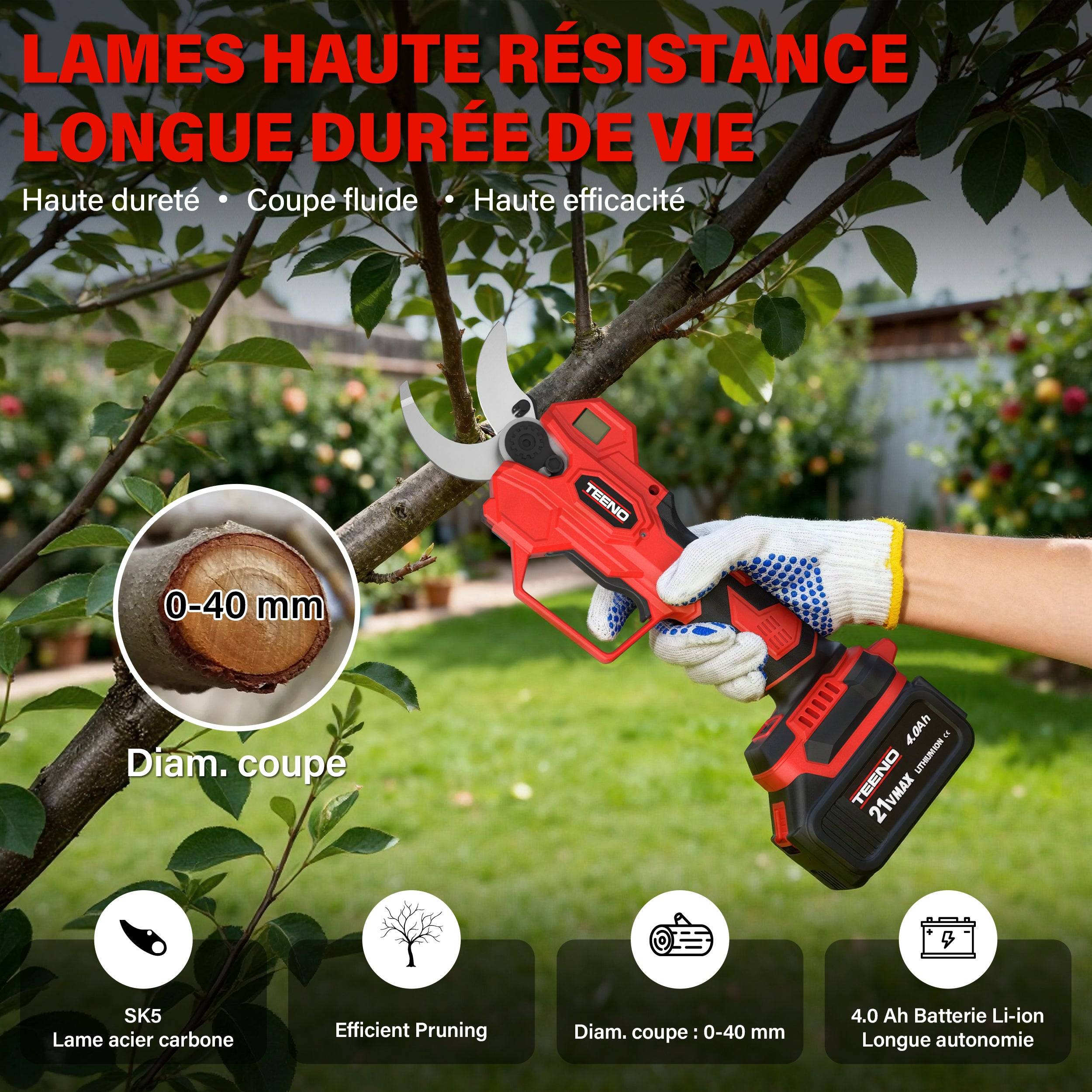 Teeno - Ensemble d'outils de jardinage 2 en 1 : mini-scie sans fil de 6 pouces + sécateur électrique sans fil de 40 mm, comprend 2 batteries de 4,0 Ah - Image 6