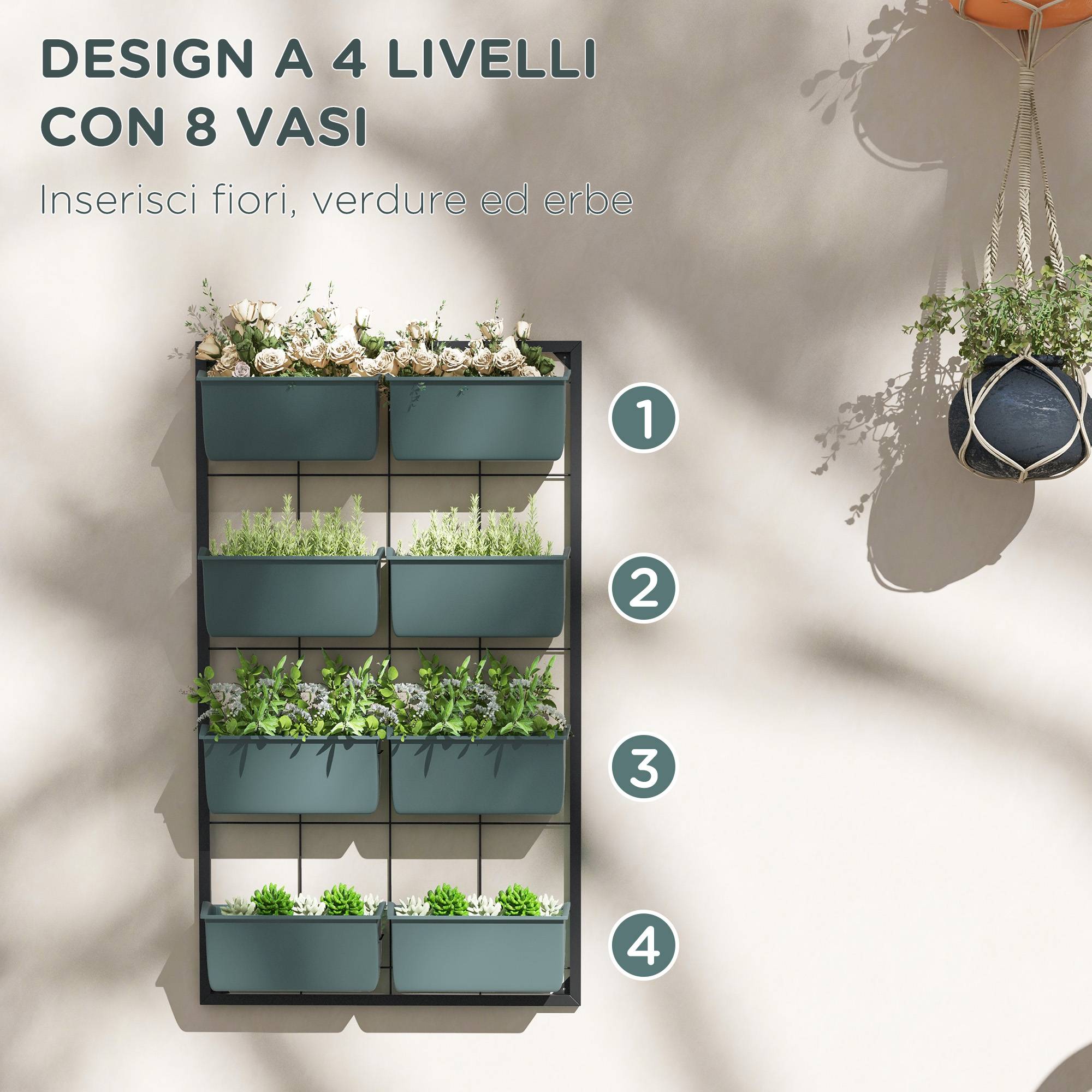 Potager Vertical Mur 4 Niveaux 8 Pots Acier Plastique, 52x14x90cm, Vert Foncé Noir - Image 7