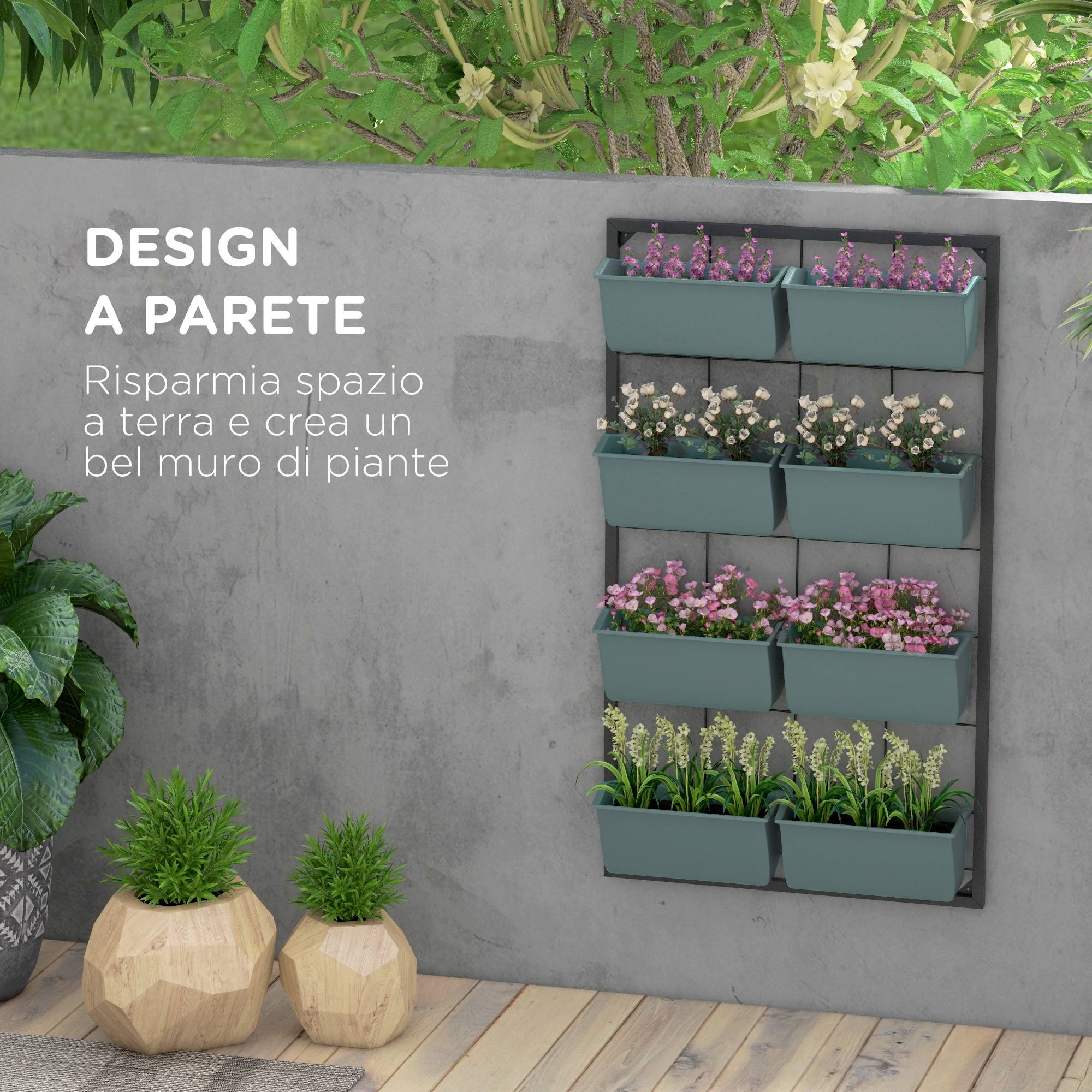 Potager Vertical Mur 4 Niveaux 8 Pots Acier Plastique, 52x14x90cm, Vert Foncé Noir - Image 6