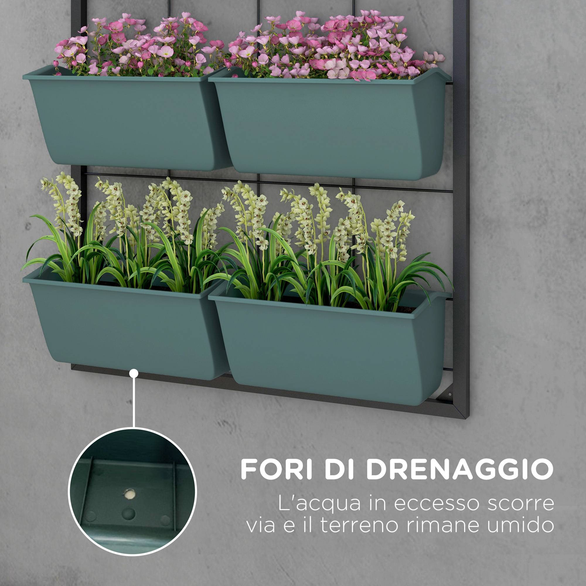 Potager Vertical Mur 4 Niveaux 8 Pots Acier Plastique, 52x14x90cm, Vert Foncé Noir - Image 8