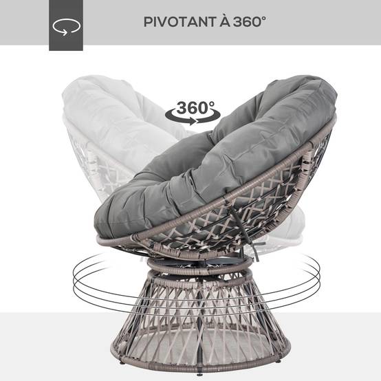 Fauteuil de jardin pivotant résine tressée gris 87 x 97 x 86 cm - PANGIVO - Image 6