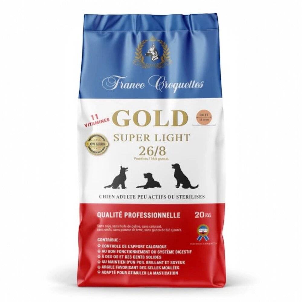 France Croquettes - france croquettes pour chien adulte Gold Super Light 26/8 low grain -20kg - stérilisé et/ou embonpoint - haute finition - formule allégée