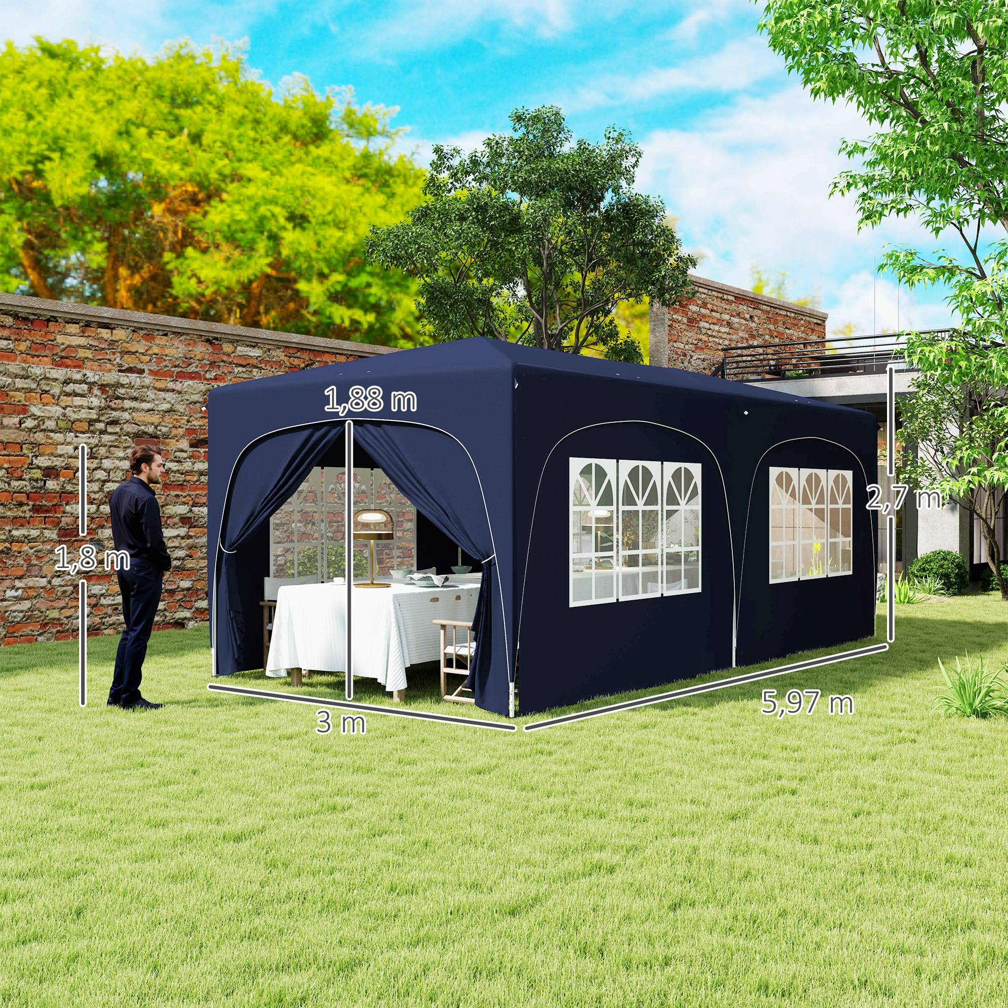 Tonnelle pliante 3 x 6 m avec panneaux latéraux, protection solaire UPF50+, hauteur réglable, sac de transport, bleu foncé - Image 5