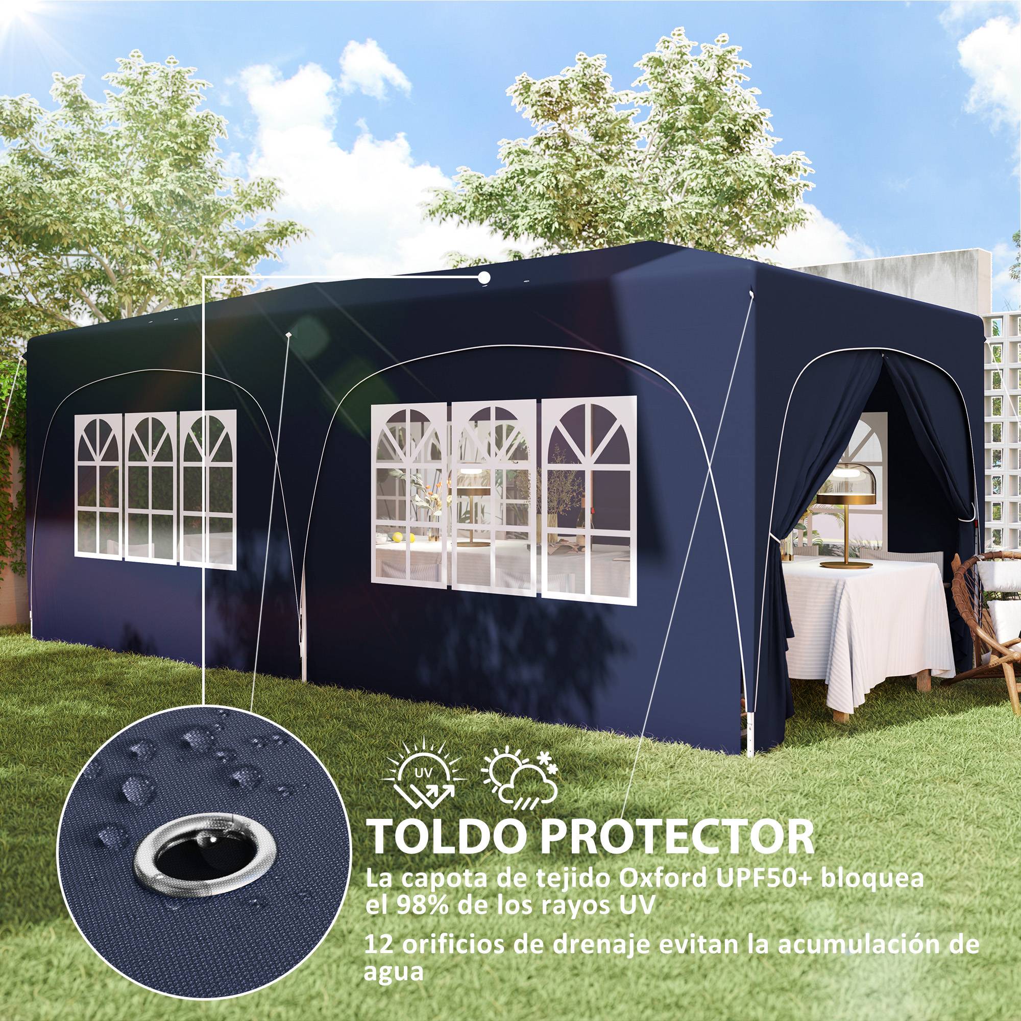 Tonnelle pliante 3 x 6 m avec panneaux latéraux, protection solaire UPF50+, hauteur réglable, sac de transport, bleu foncé - Image 8