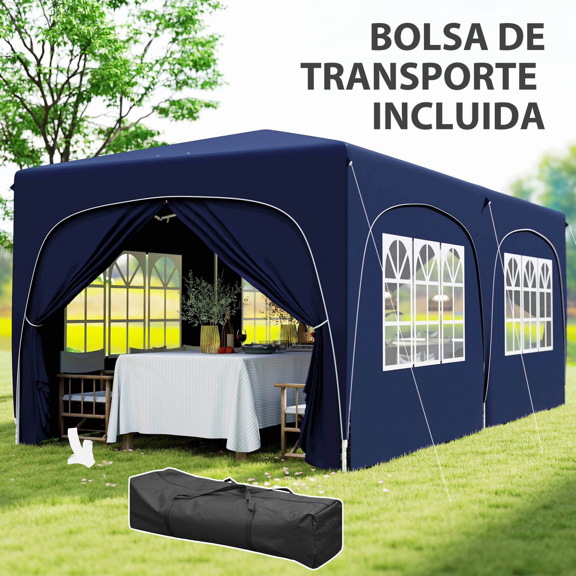 Tonnelle pliante 3 x 6 m avec panneaux latéraux, protection solaire UPF50+, hauteur réglable, sac de transport, bleu foncé - Image 9