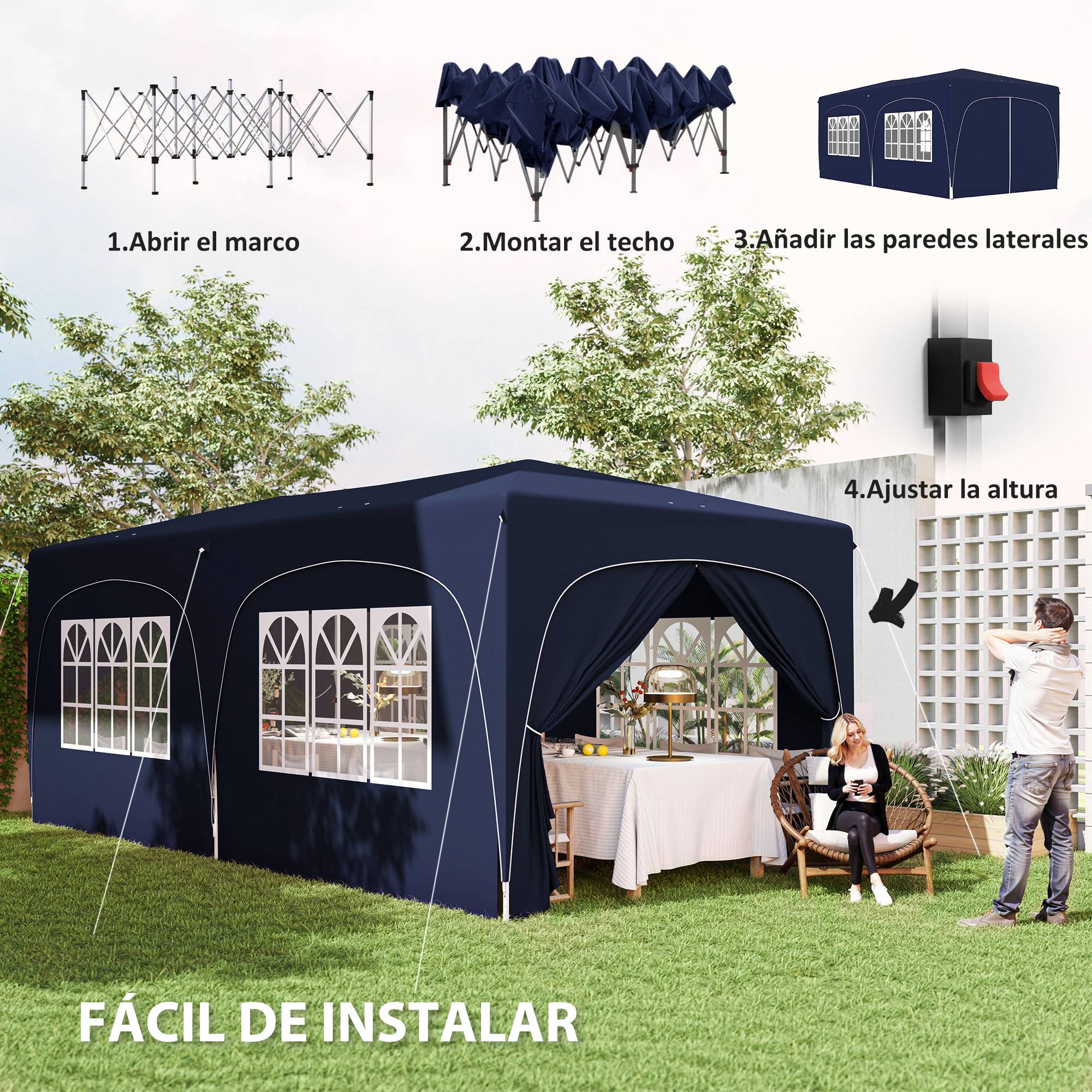 Tonnelle pliante 3 x 6 m avec panneaux latéraux, protection solaire UPF50+, hauteur réglable, sac de transport, bleu foncé - Image 6