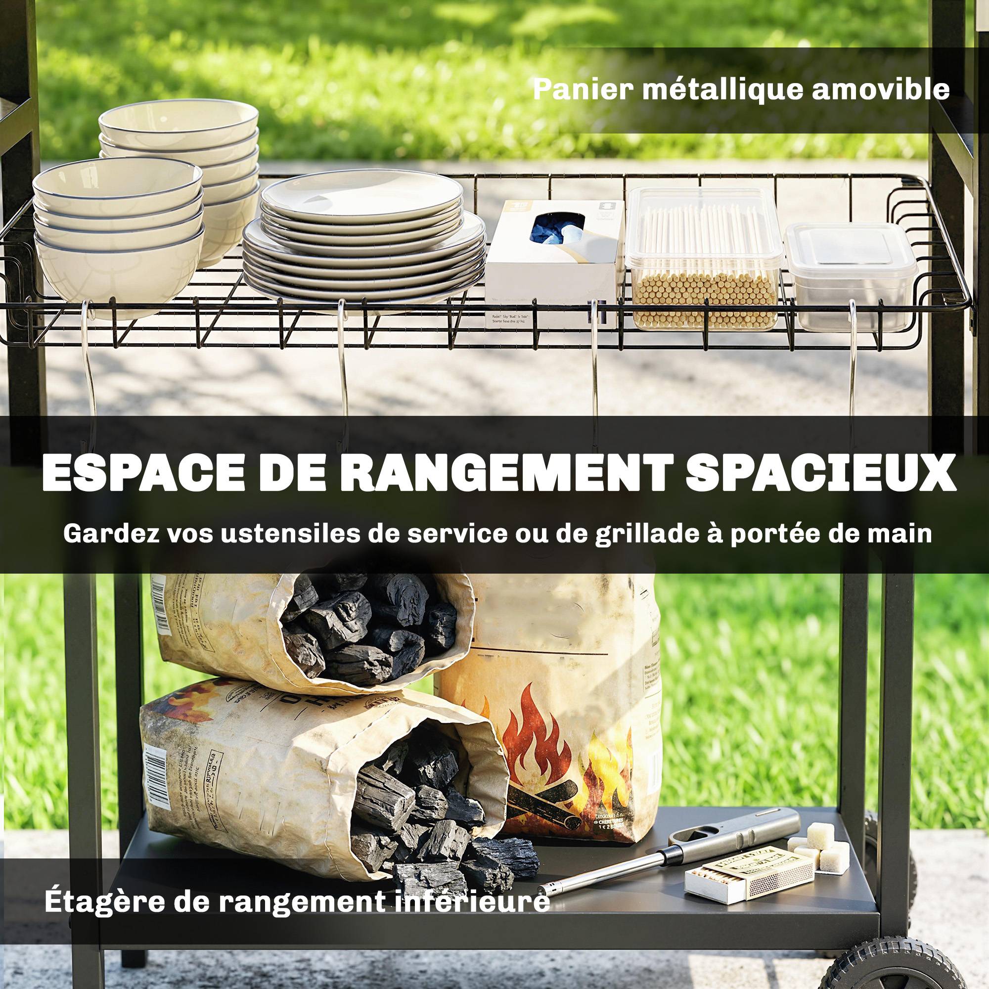 ComfortXL - Desserte de jardin 3 niveaux acier inoxydable 114x61x81 cm noire barbecue sur roues - ComfortXL Outdoor Living - Image 6