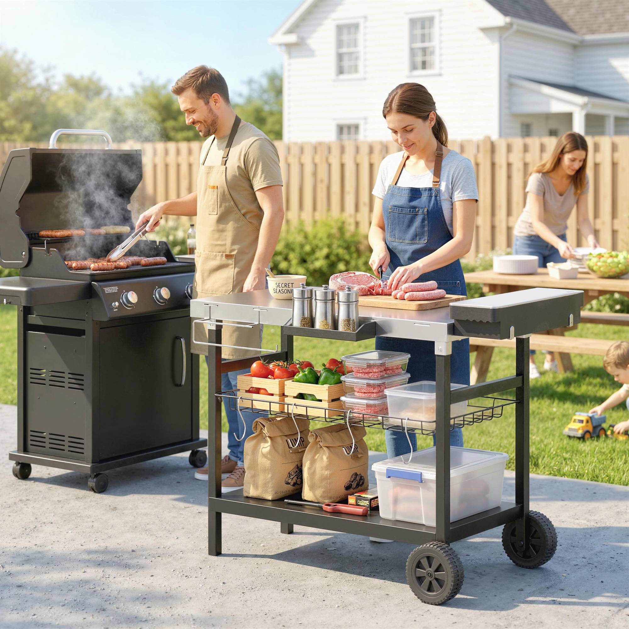 ComfortXL - Desserte de jardin 3 niveaux acier inoxydable 114x61x81 cm noire barbecue sur roues - ComfortXL Outdoor Living - Image 2