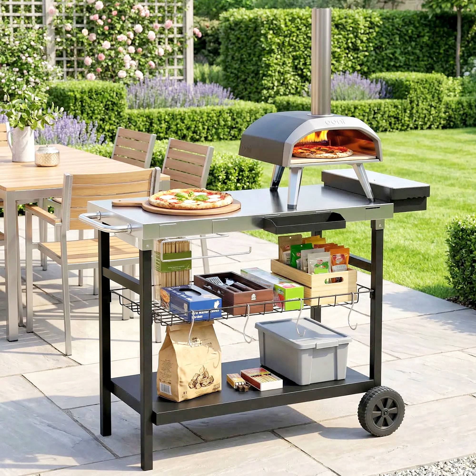 ComfortXL - Desserte de jardin 3 niveaux acier inoxydable 114x61x81 cm noire barbecue sur roues - ComfortXL Outdoor Living - Image 10