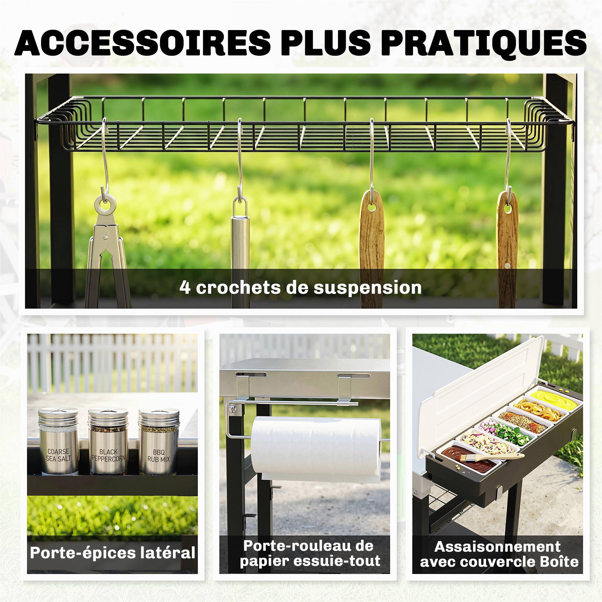 ComfortXL - Desserte de jardin 3 niveaux acier inoxydable 114x61x81 cm noire barbecue sur roues - ComfortXL Outdoor Living - Image 7