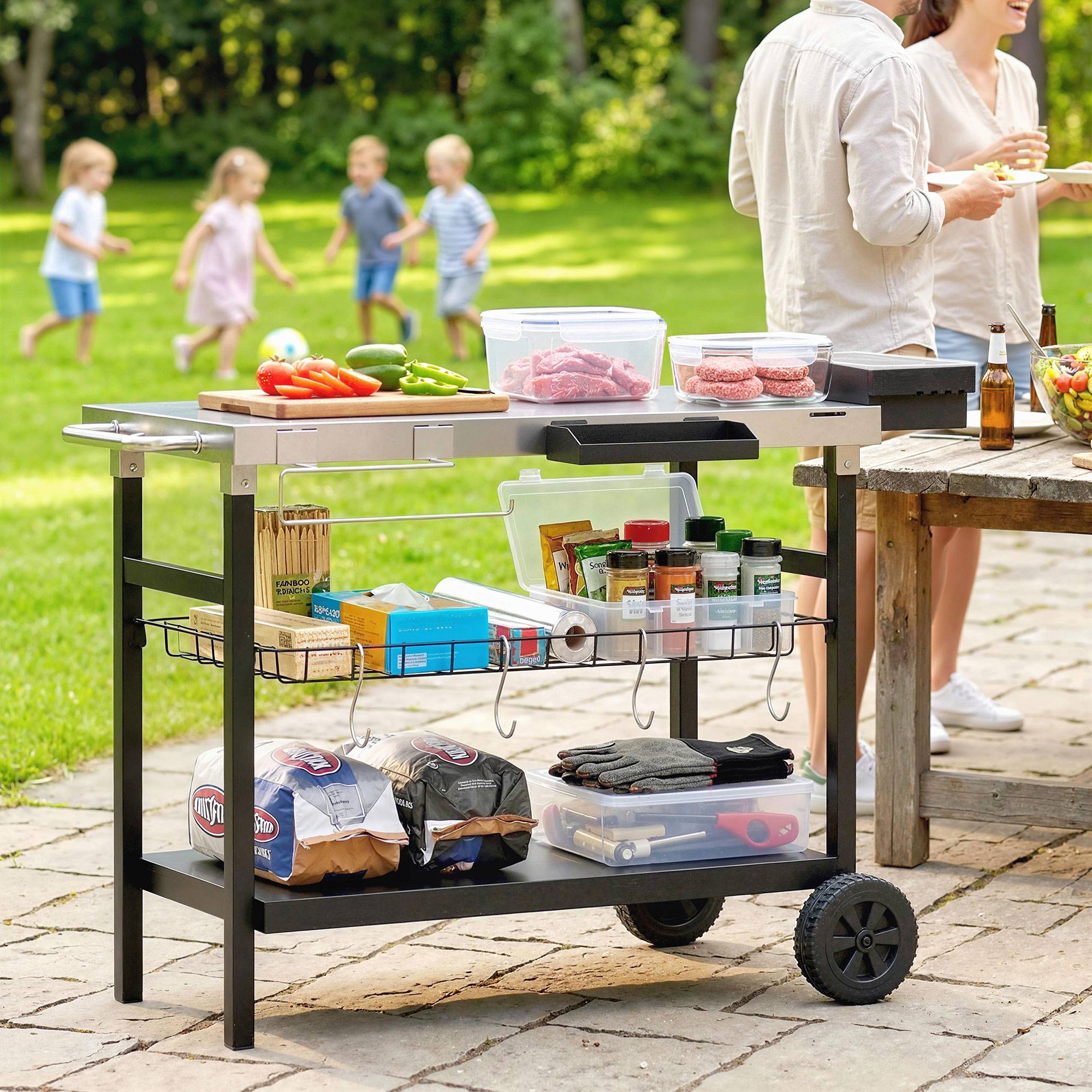 ComfortXL - Desserte de jardin 3 niveaux acier inoxydable 114x61x81 cm noire barbecue sur roues - ComfortXL Outdoor Living - Image 3