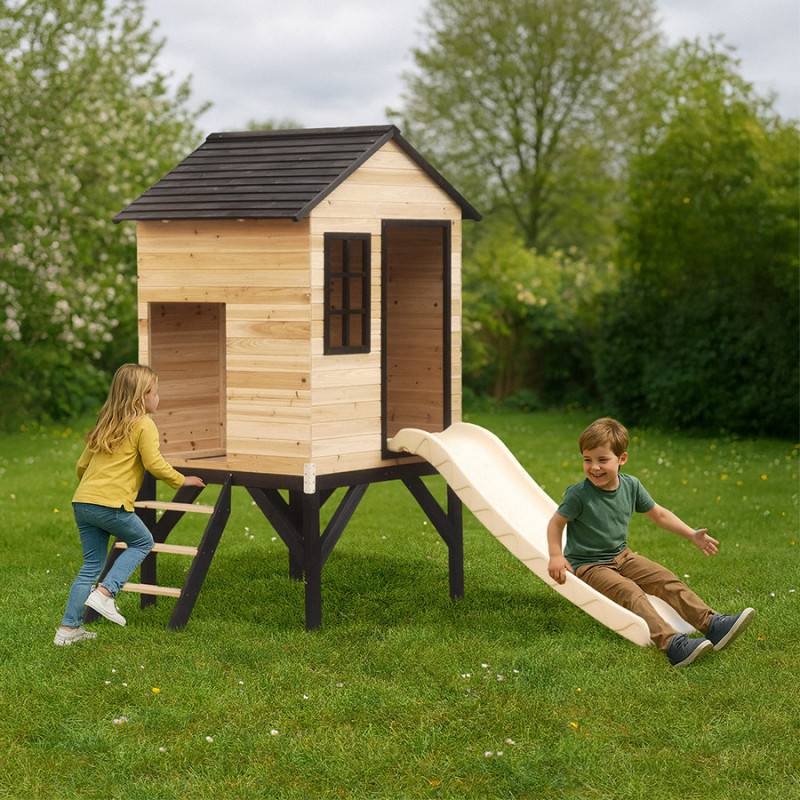 Maisonnette sur pilotis bois massif lasuré avec toboggan blanc 118cm Abracadaprout - Image 1