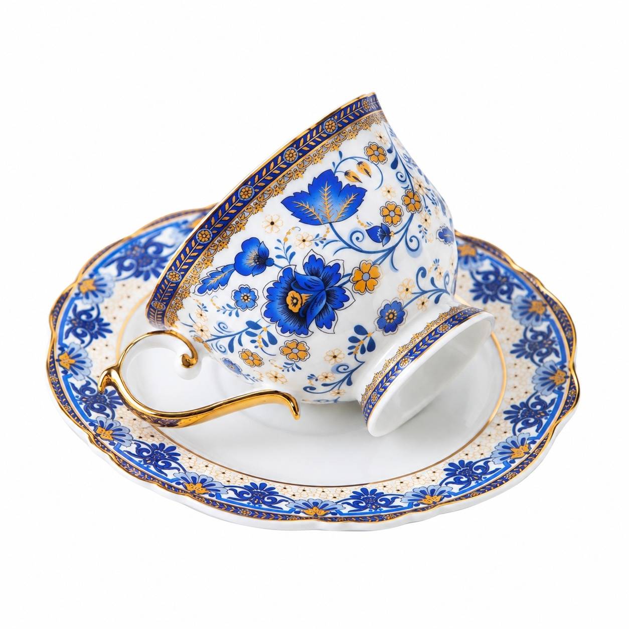 Tasse à Café et Sous-tasse en Porcelaine Fine Motif Fleurs Bleues 200ml