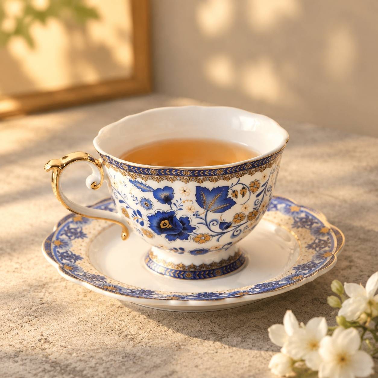 Tasse à Café et Sous-tasse en Porcelaine Fine Motif Fleurs Bleues 200ml - Image 4