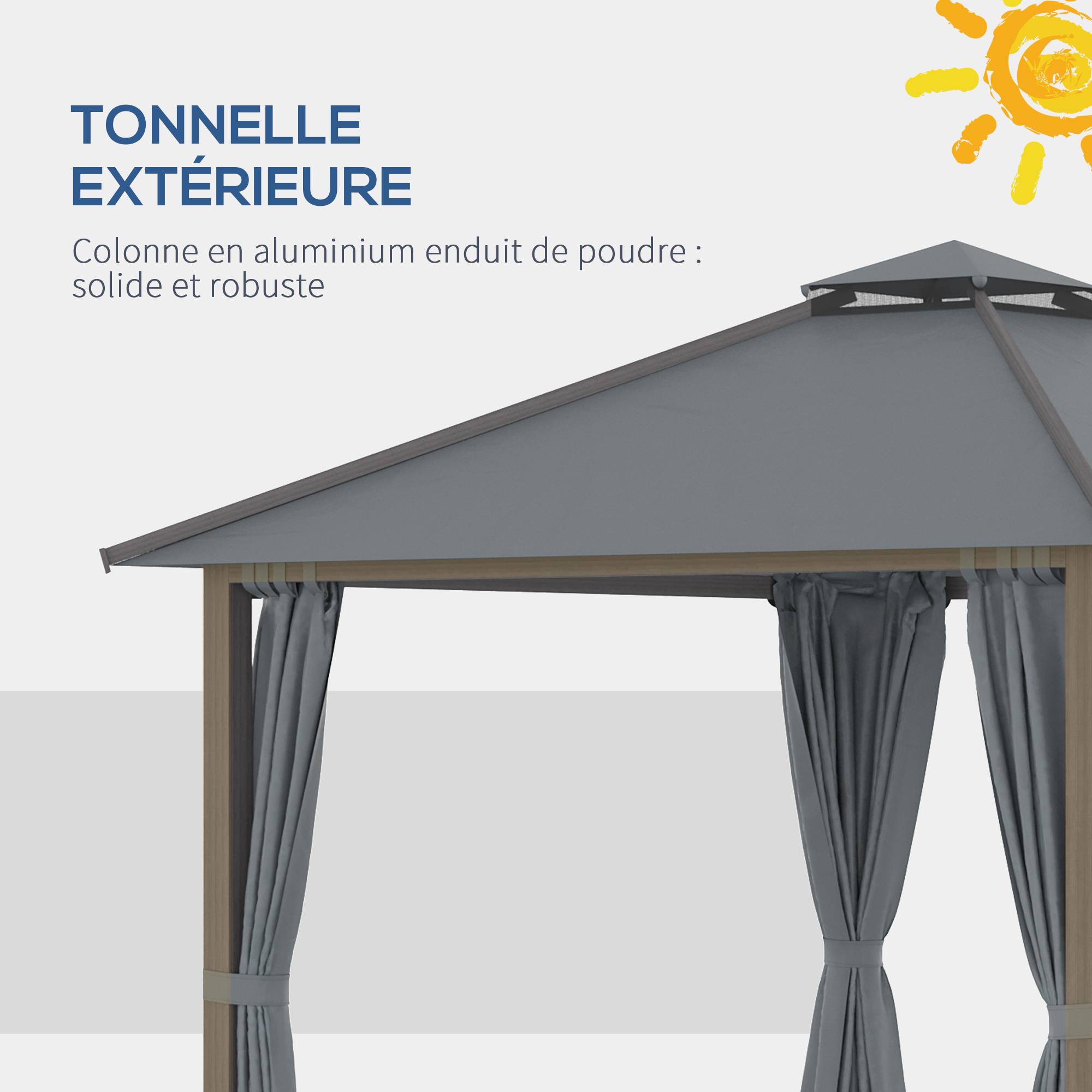 Tonnelle de jardin pour terrasse avec 4 parois latérales double toit protection solaire 3 x 3 m gris - Image 8