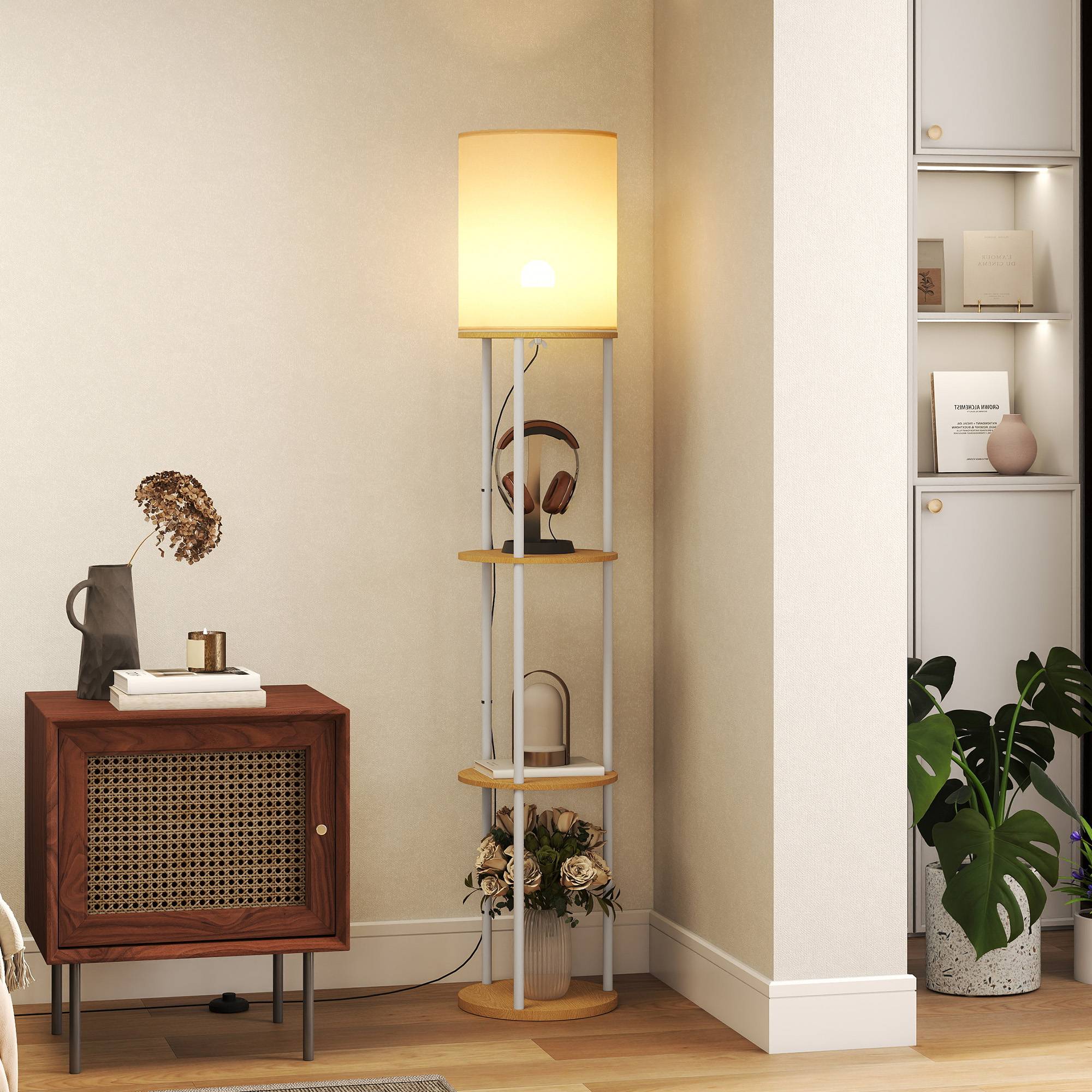 Lampadaire en bois naturel à étagères 3 teintes lumineuses télécommandé espace intérieur - Image 3