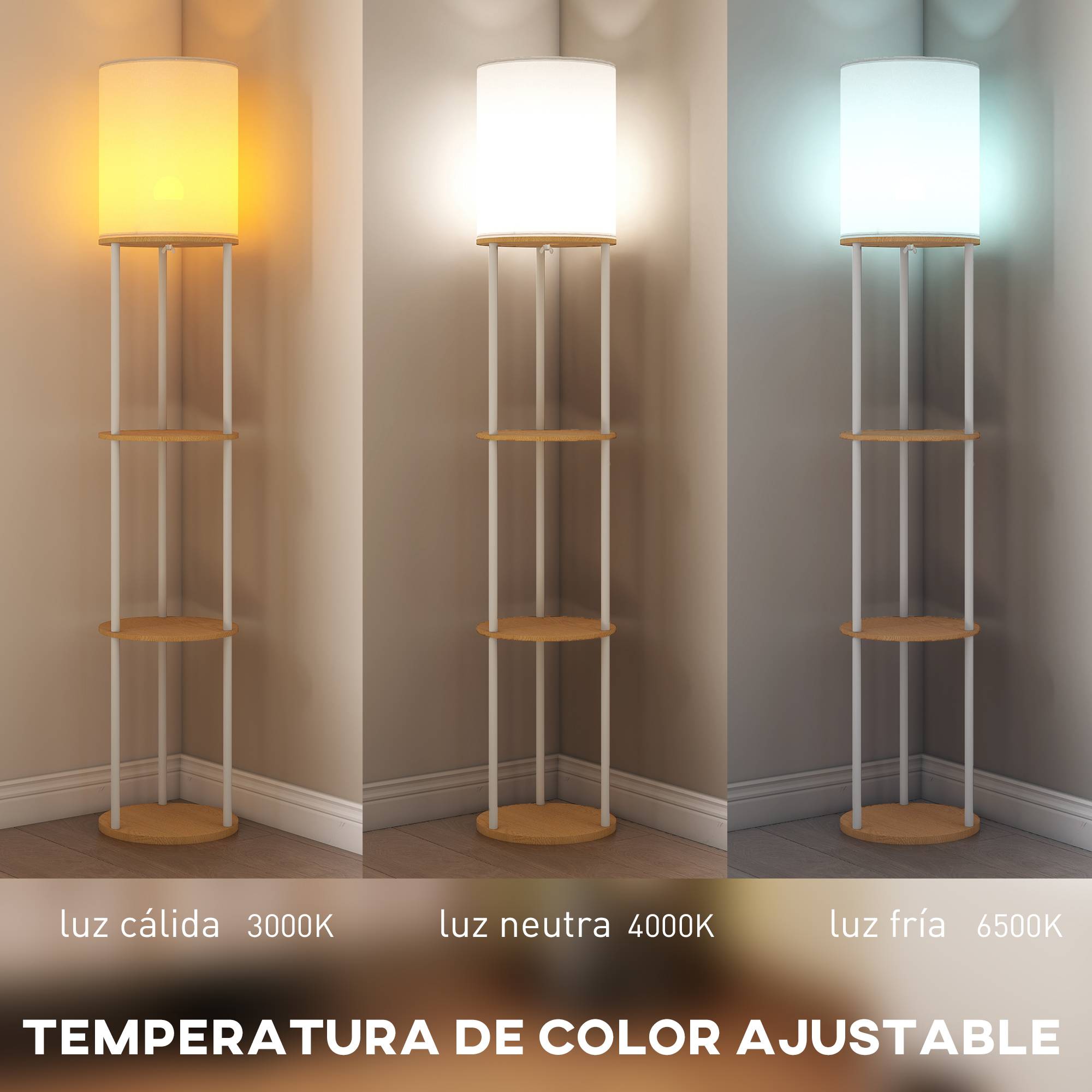 Lampadaire en bois naturel à étagères 3 teintes lumineuses télécommandé espace intérieur - Image 6