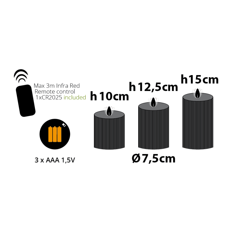 Lot de 3 Bougies Cylindriques Moving Flame avec Nervures Ø7,5cm H10/12,5/15cm Cire Ivoire avec Télécommande - Image 3