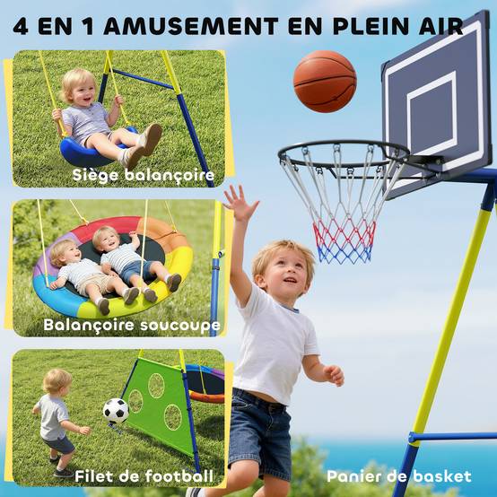 Balançoire Portique Enfants 4-en-1, avec Balançoire Nid, Panier de Basket et Cage de Football, Aire de Jeux - Image 6