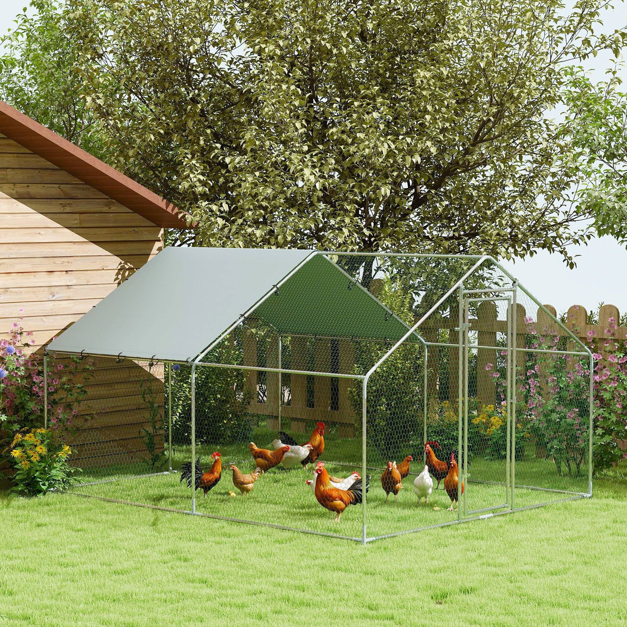 Sans Marque - Poulailler 10,2 m² 10-15 poules toit étanche acier/tissu 3x3,4x1,9 m argent - Image 3