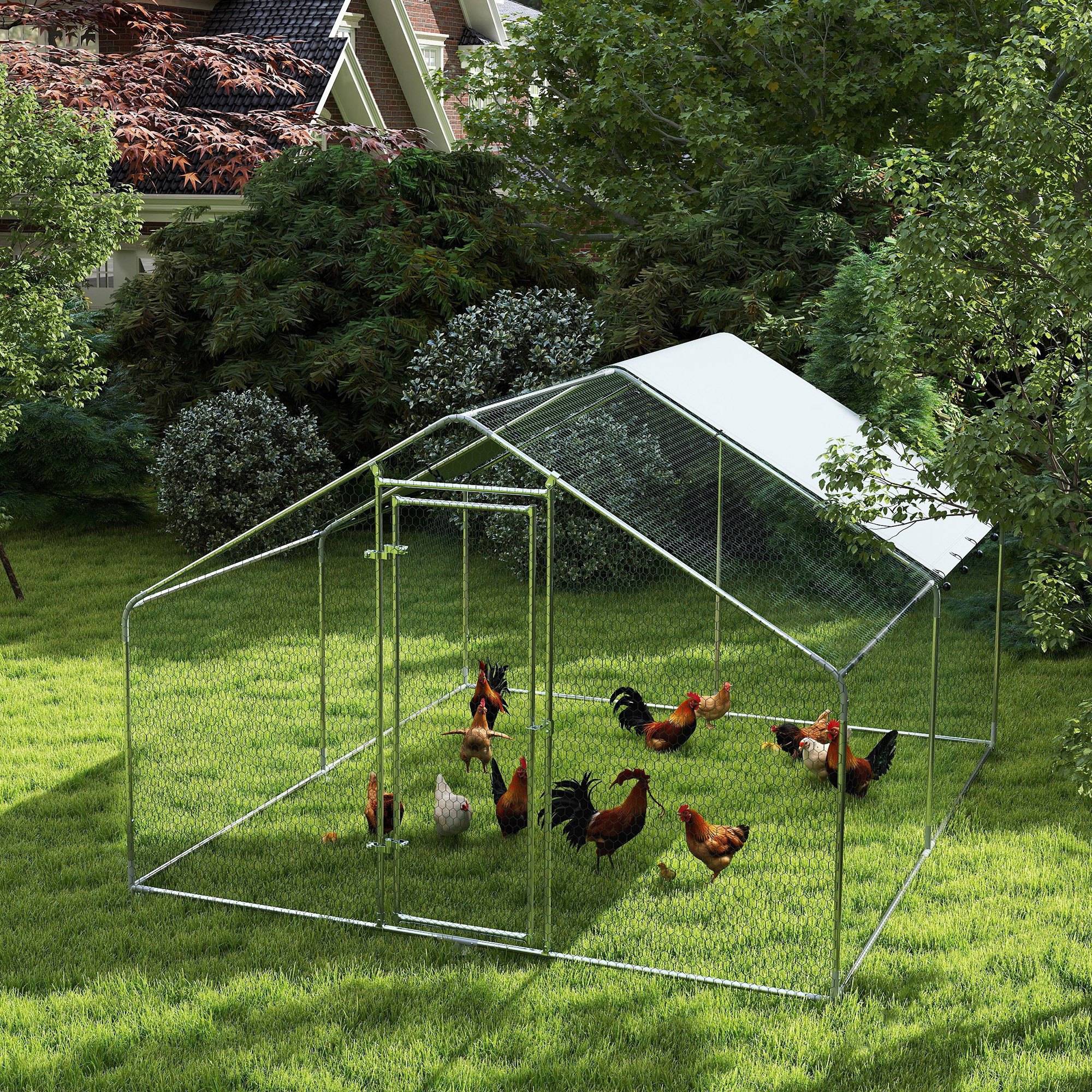 Sans Marque - Poulailler 10,2 m² 10-15 poules toit étanche acier/tissu 3x3,4x1,9 m argent - Image 4