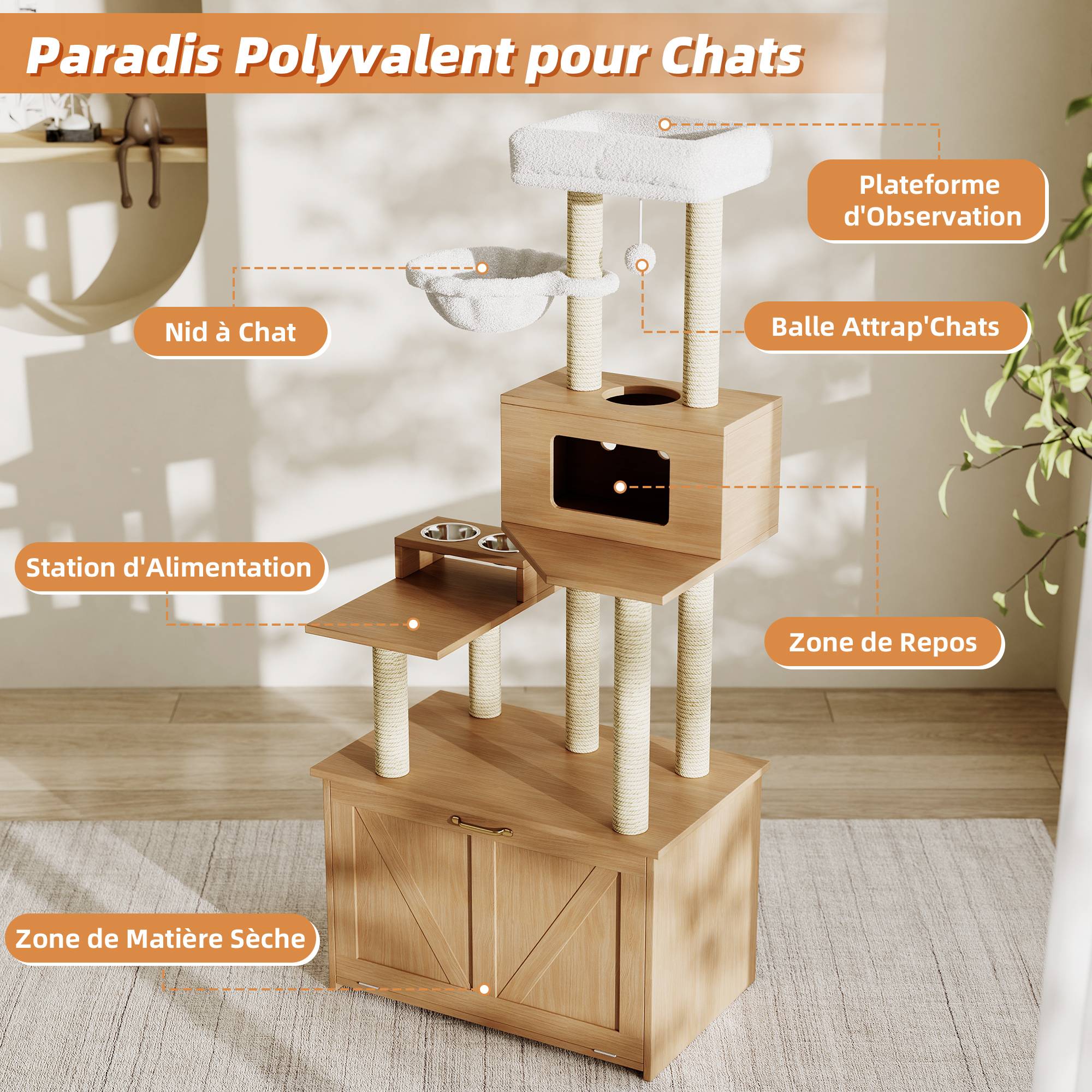 Arbre à Chat Design Meuble Litière MDF Griffoir Espace Repos 172cm Noyer - ComfortXL Pet Living - Image 6