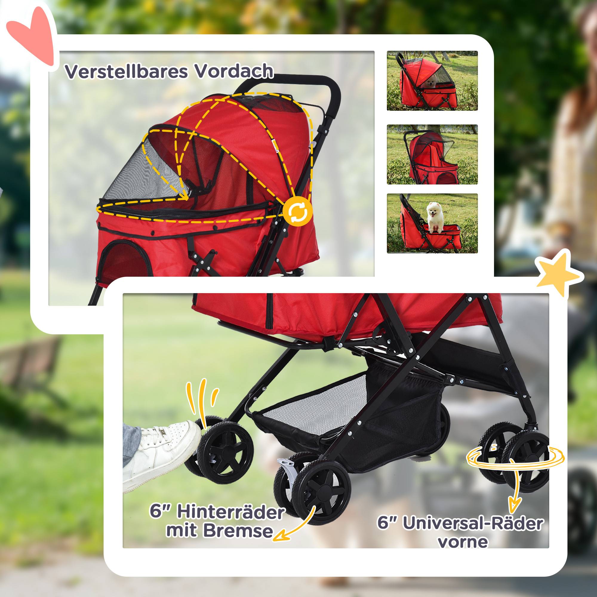 Poussette pour chien, poussette pour petits chiens et chats, poussette pour animaux de compagnie, poussette pour chat, rouge Oxford, 76,5 x 52 x 95 cm - Image 8