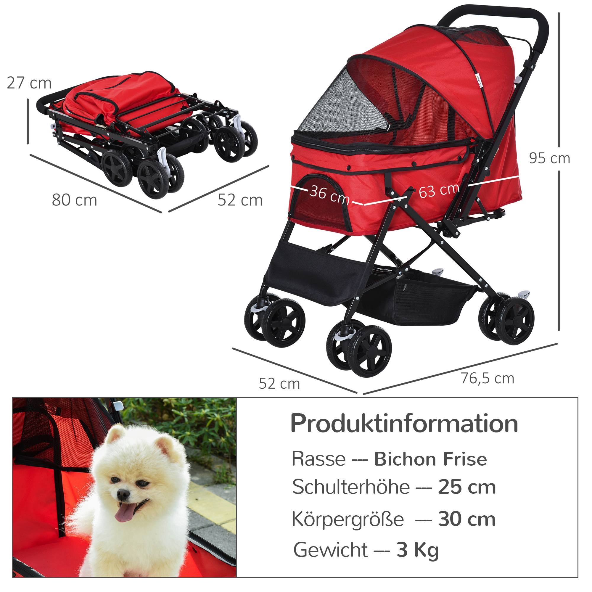Poussette pour chien, poussette pour petits chiens et chats, poussette pour animaux de compagnie, poussette pour chat, rouge Oxford, 76,5 x 52 x 95 cm - Image 5