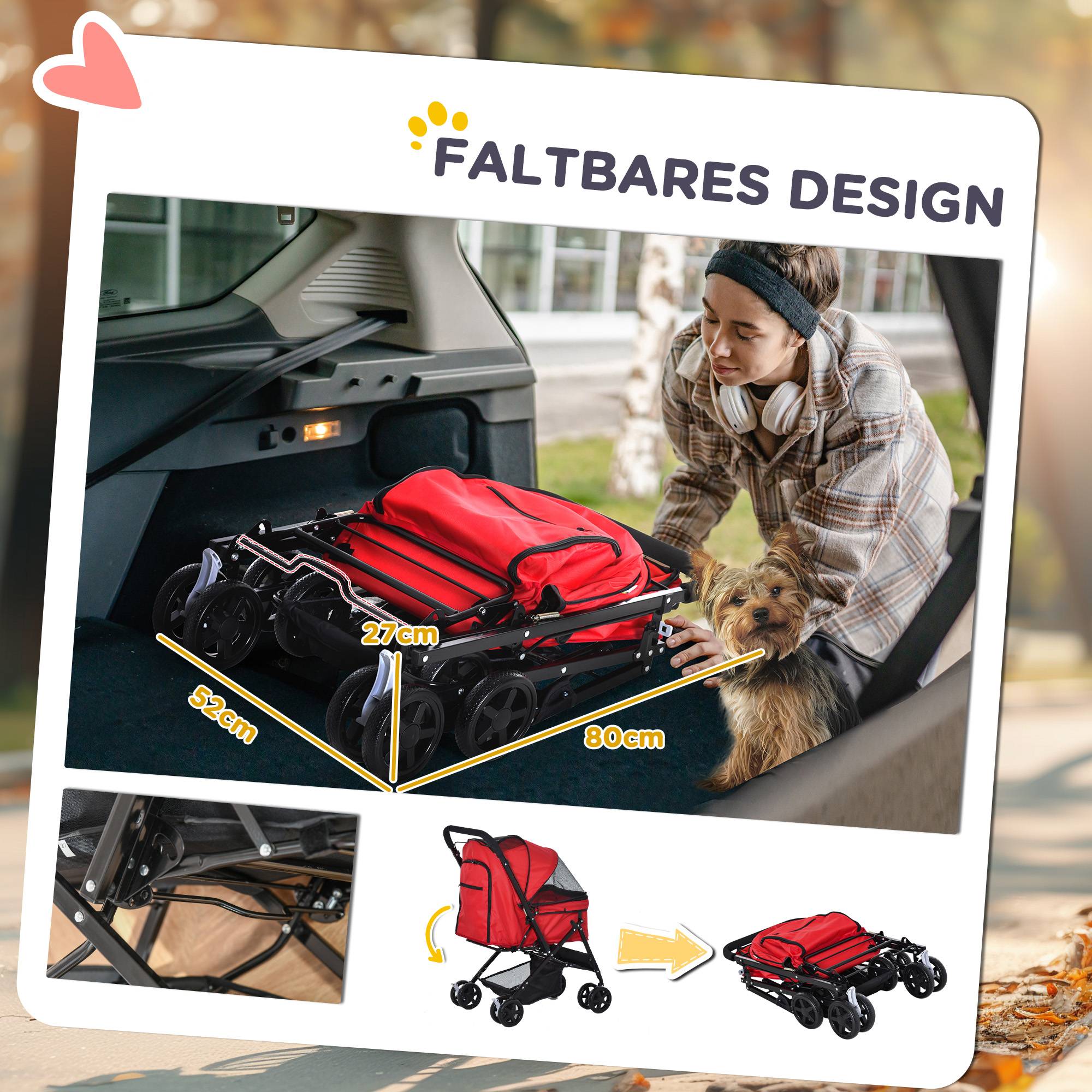 Poussette pour chien, poussette pour petits chiens et chats, poussette pour animaux de compagnie, poussette pour chat, rouge Oxford, 76,5 x 52 x 95 cm - Image 7