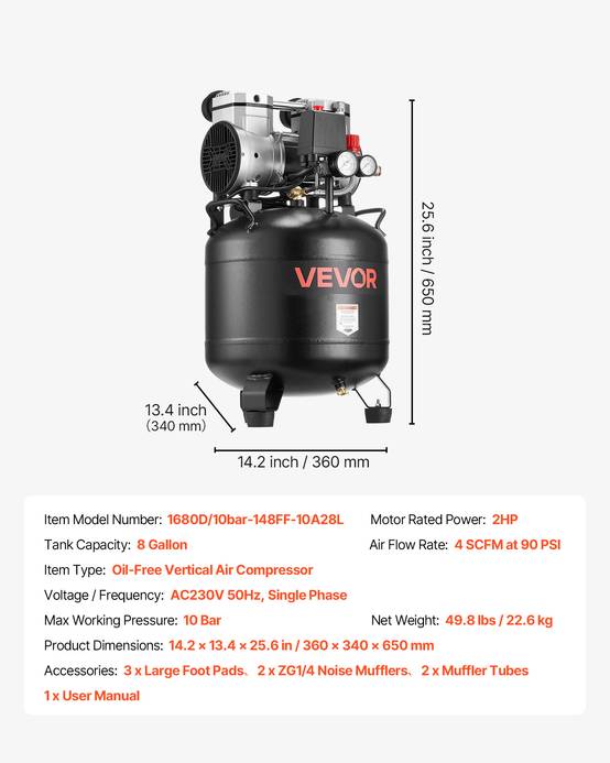 Vevor - VEVOR Compresseur à Air Vertical sans Huile 30 L 1,5 kW 113 L/min à 6,2 bar - Image 7