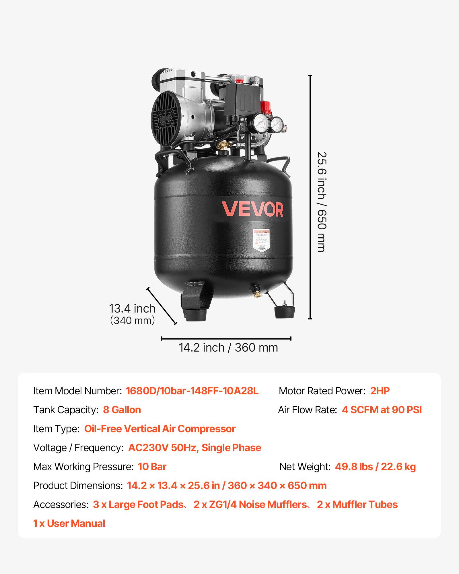 Vevor - VEVOR Compresseur à Air Vertical sans Huile 30 L 1,5 kW 113 L/min à 6,2 bar - Image 7