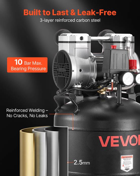 Vevor - VEVOR Compresseur à Air Vertical sans Huile 30 L 1,5 kW 113 L/min à 6,2 bar - Image 5