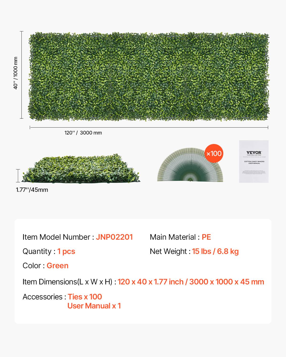 Vevor - VEVOR Mur végétal artificiel 300x100cm, herbe, emboîtable, brise-vue, lierre. - Image 7
