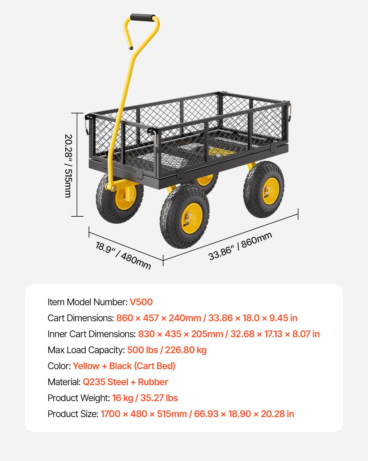 Vevor - VEVOR Chariot de Jardin Transport Robuste Acier 226,80 kg Pneu 254 mm Jaune Noir - Image 7